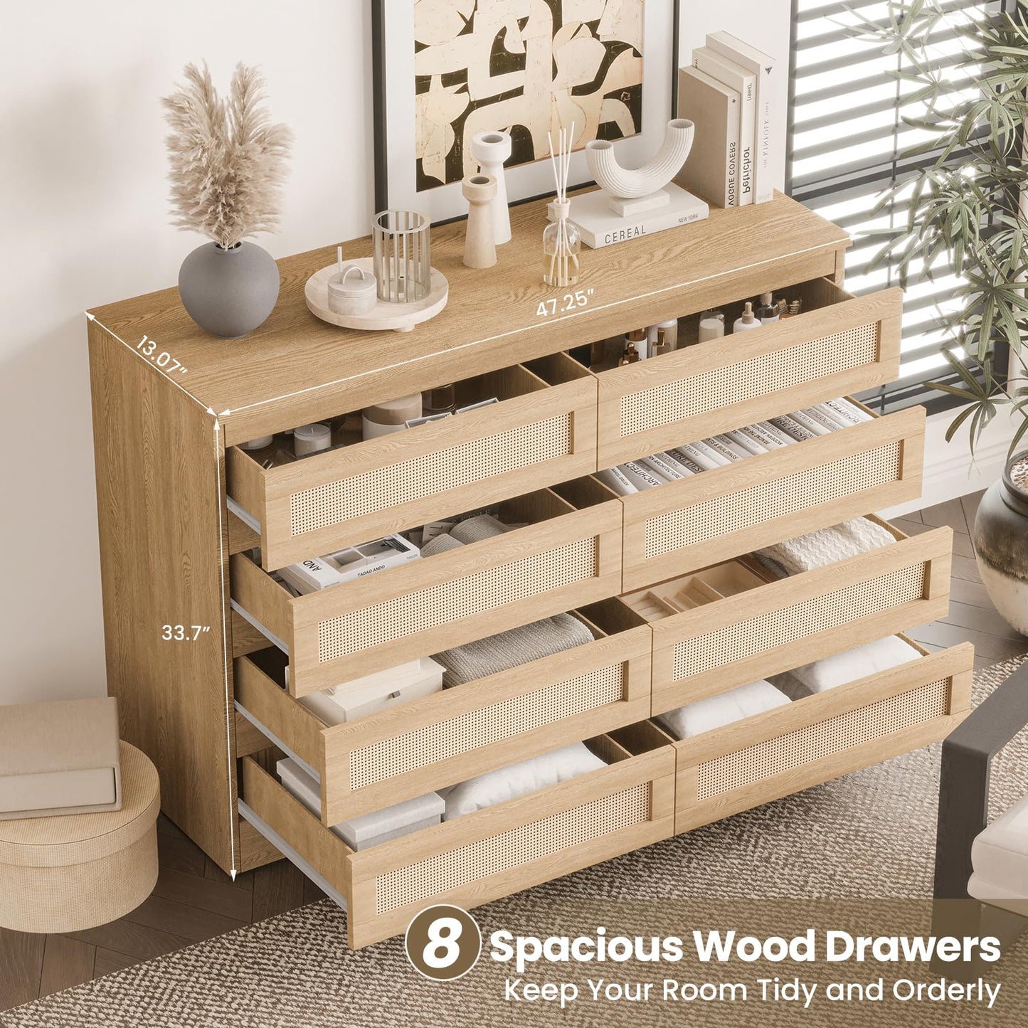 Patikuin Rattan Dresser for Bedroom, Modern 8 Drawer Double Dresser for Bedroom, Wide Wood Chest of Drawers for Bedroom, Living Room, Hallway