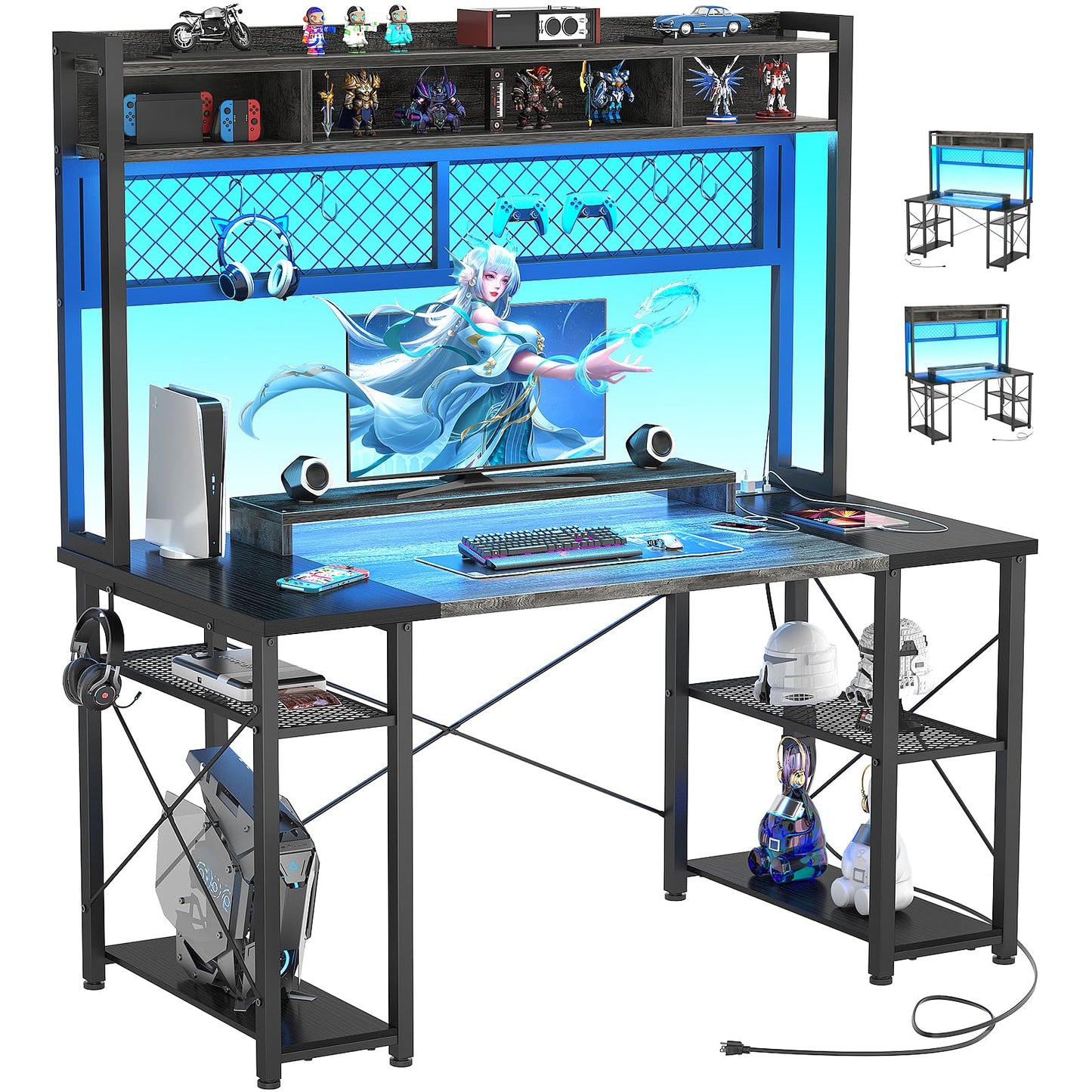 Armocity 2024 Upgrade Gaming Desk with Hutch, 48'' Magic Computer Desk with LED and Outlets, Reversible Workstation Desk with Pegboard, Grey/Black