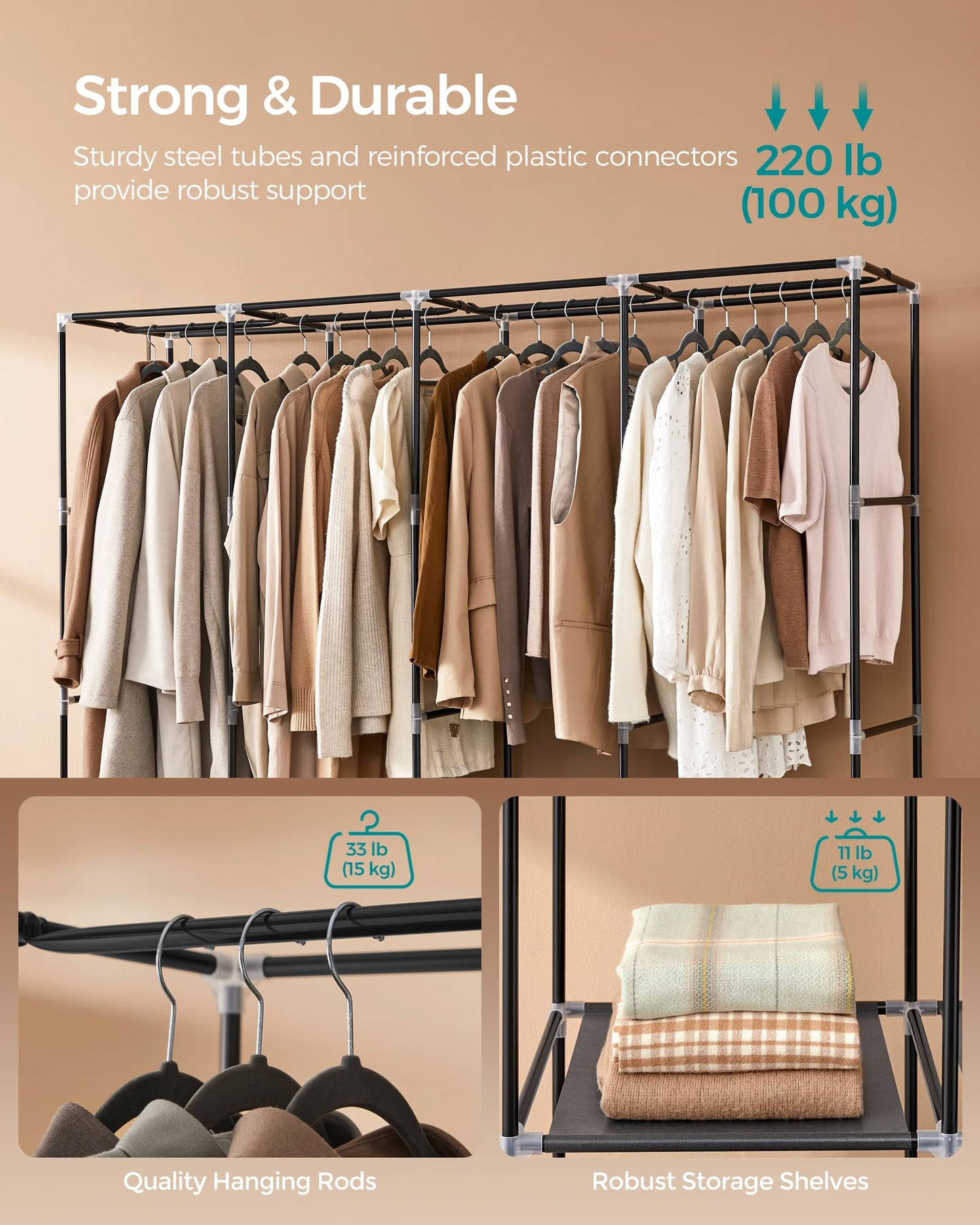 SONGMICS Portable Closet, Wardrobe Closet Organizer with Cover, 4 Hanging Rods and Shelves, 4 Side Pockets, 66.9 x 17.7 x 65.7 Inches, Large Capacity for Bedroom, Living Room, Ink Black URYG094B02
