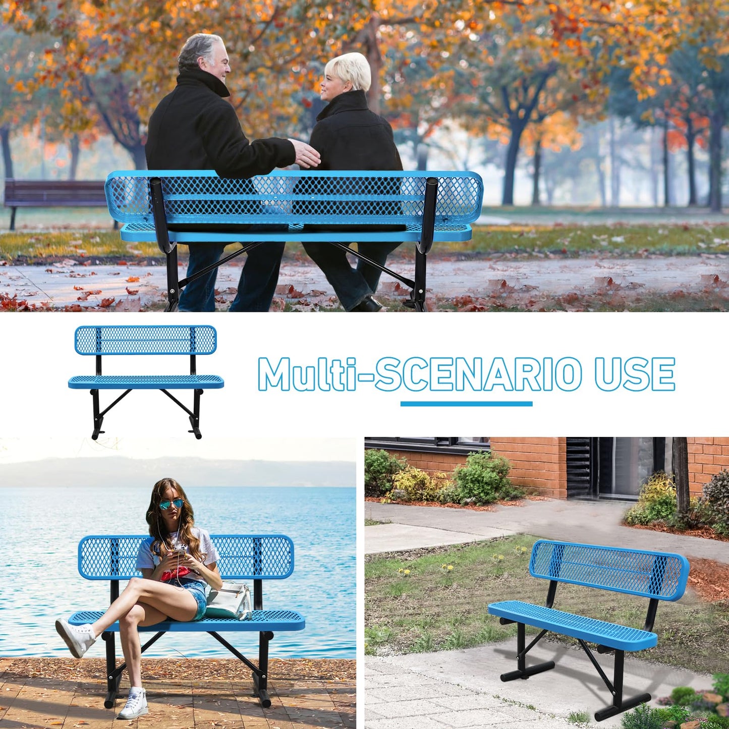 Heavy Duty Metal Park Bench for Outside, Outdoor Garden Benches with Backrest & Portable Frame, Expanded Metal Mesh Bench for Shopping Malls, Lawn, Park, Deck, Patio, Porch (Blue, 4FT/48INCH)