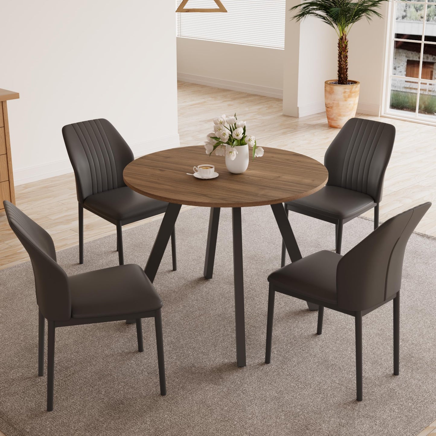 Zerifevni 34.6'' Round Dining Table and Chairs for 4 Space Saving for Apartment Kitchen Dining Room (Walnut Table+4 Black Chairs)