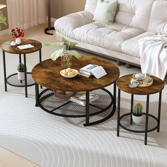 DKLGG 3-Piece Coffee Table and End Table Sets for Living Room, Round Coffee and End Table Set of 3 with Large Storage, Modern Farmhouse Furniture for Apartment Home (Rustic Brown)