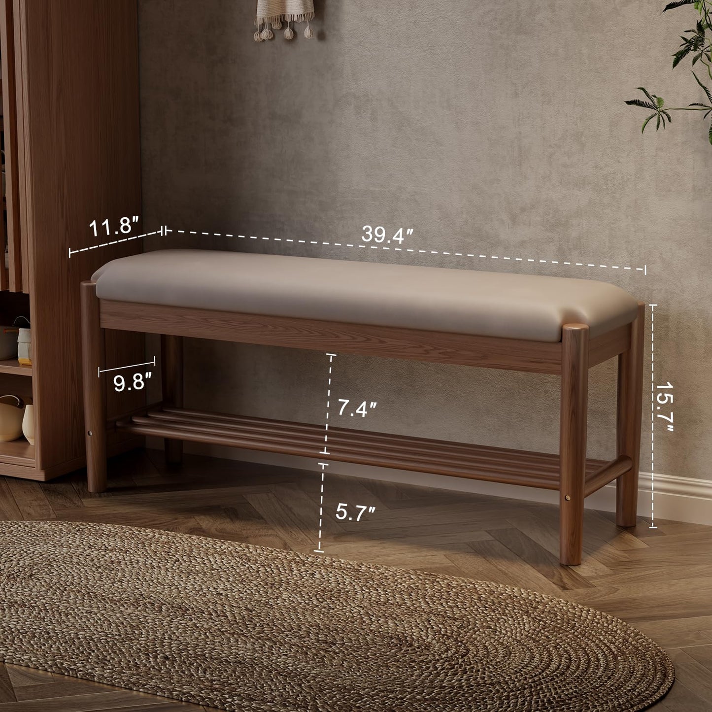 AQIMUELE Shoe Bench Entryway with Cushion, Solid Wood Bench with Shoe Storage, 2-Tier Shoe Rack Bench for Entryway,Hallway (Gray)