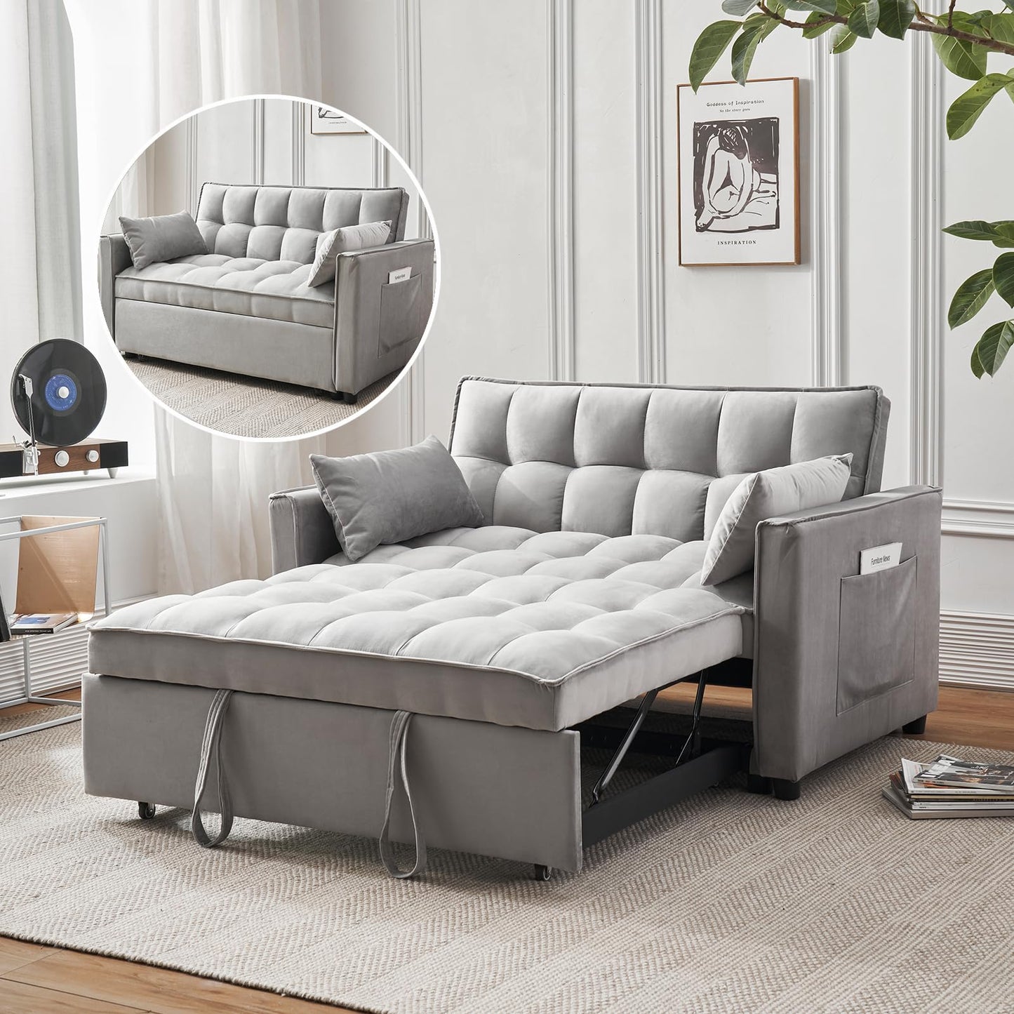 FENFSHE Futon Sofa Bed,Modern 3 in 1 Convertible Sleeper Sofa, Pull Out Couch Bed with Adjustable Backrest, Storage Pockets and Toss Pillows for Living Room, Bedroom (Grey)