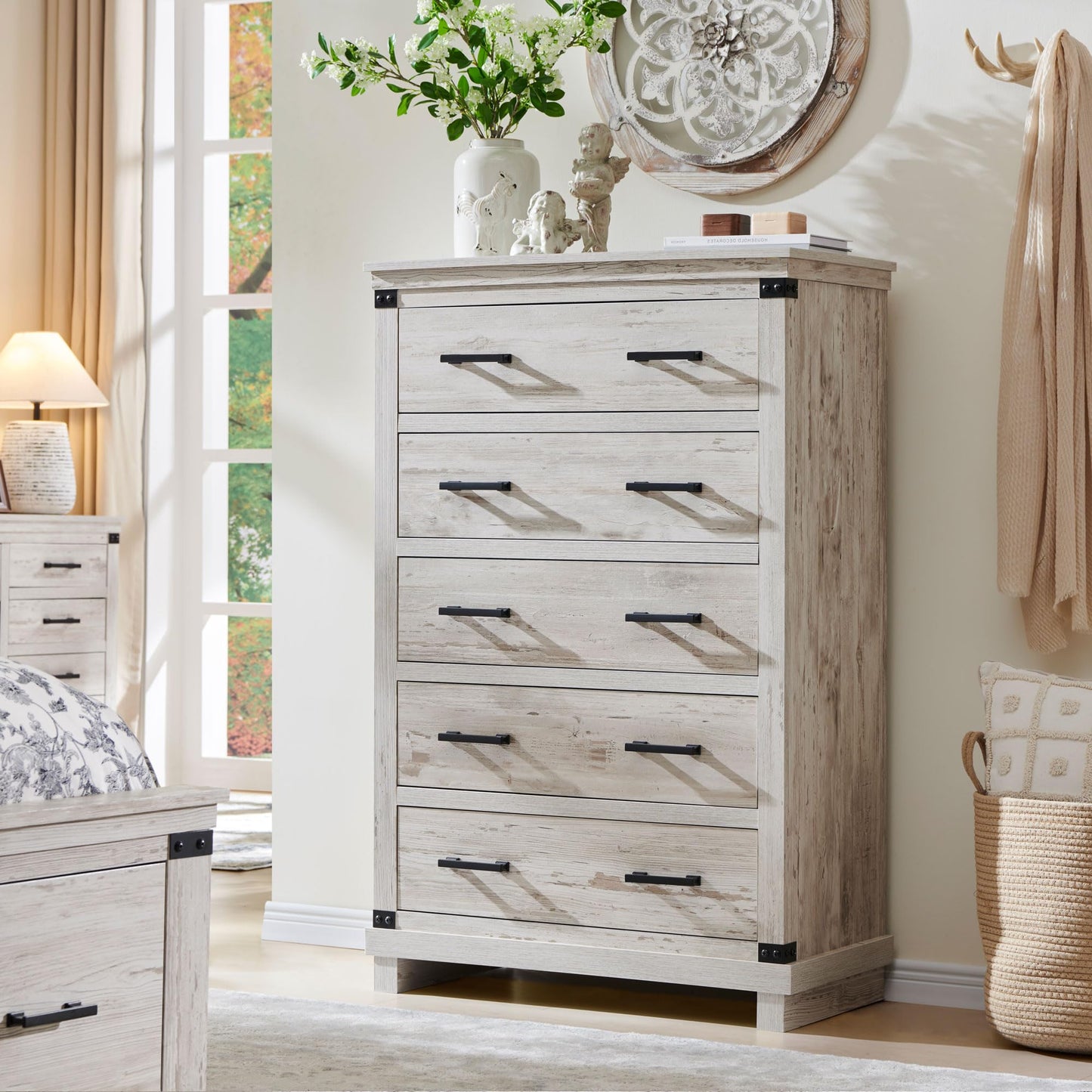 T4TREAM Farmhouse 5 Drawers Dresser for Bedroom, 48" Tall Wood Chest of Drawers w/Natural Texture & Metal Handle, Rustic Storage Dressers Organizer for Living Room, Hallway, Antique Brush White