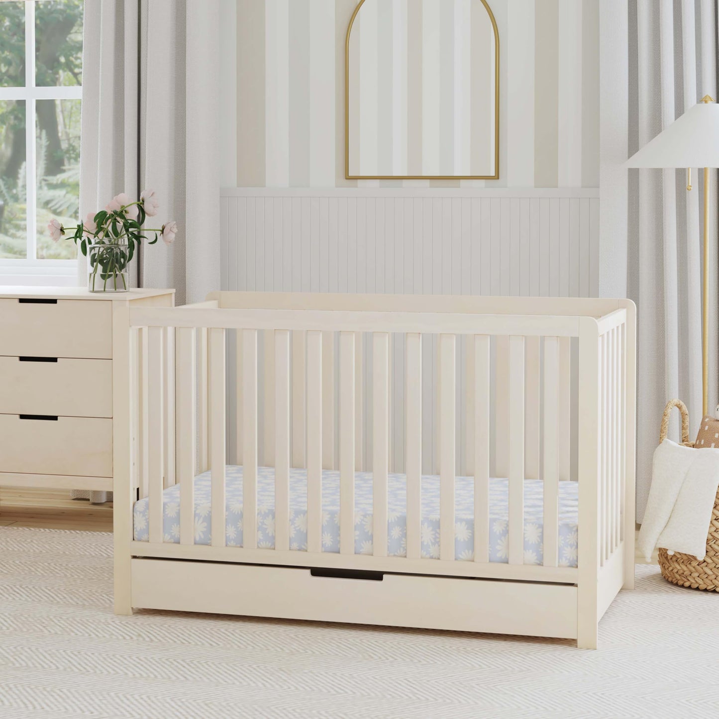 Carter’s by DaVinci. Colby 4-in-1 Convertible Crib with Trundle Drawer in Washed Natural, Greenguard Gold Certified, Undercrib Storage