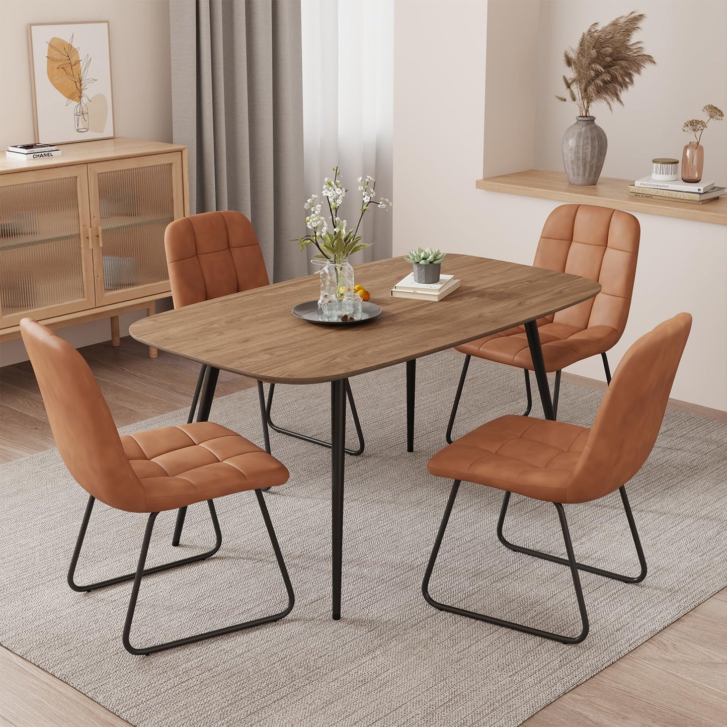 HIPIHOM 47.2'' Dining Table Set for 4,Modern Wood Dining Table,Leather Dining Chairs 4,Table and Chairs Set of 4,Ideal for Kitchen Dining Room (Walnut Color Table + 4 U-Shaped Brown Chairs, 47.2")