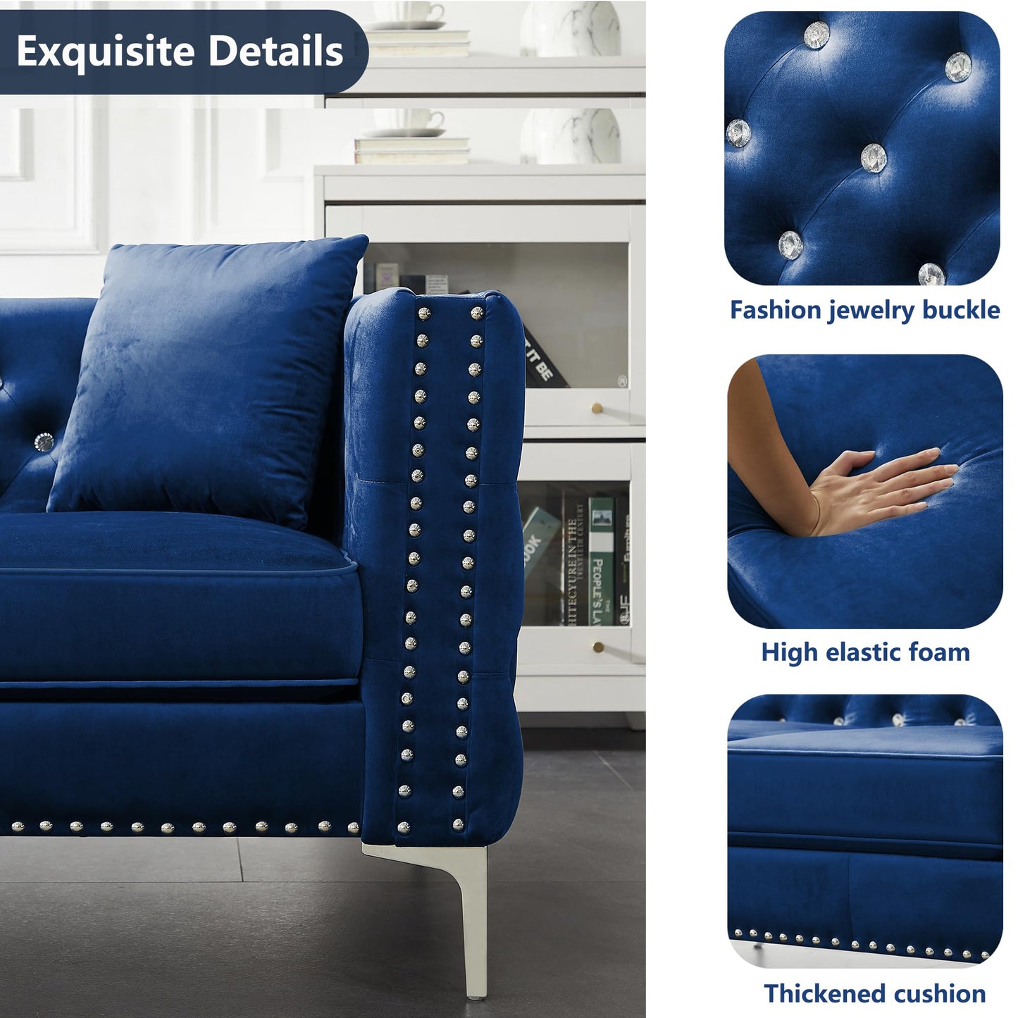 Fulocseny Luxury Velvet Sofa for Living Room 82", Jeweled Buttons Tufted Square Arm Couch, Modern Upholstered Couch Classic Chesterfield Sofa with 2 Pillows & Metal Legs (Blue, 3-Seater)