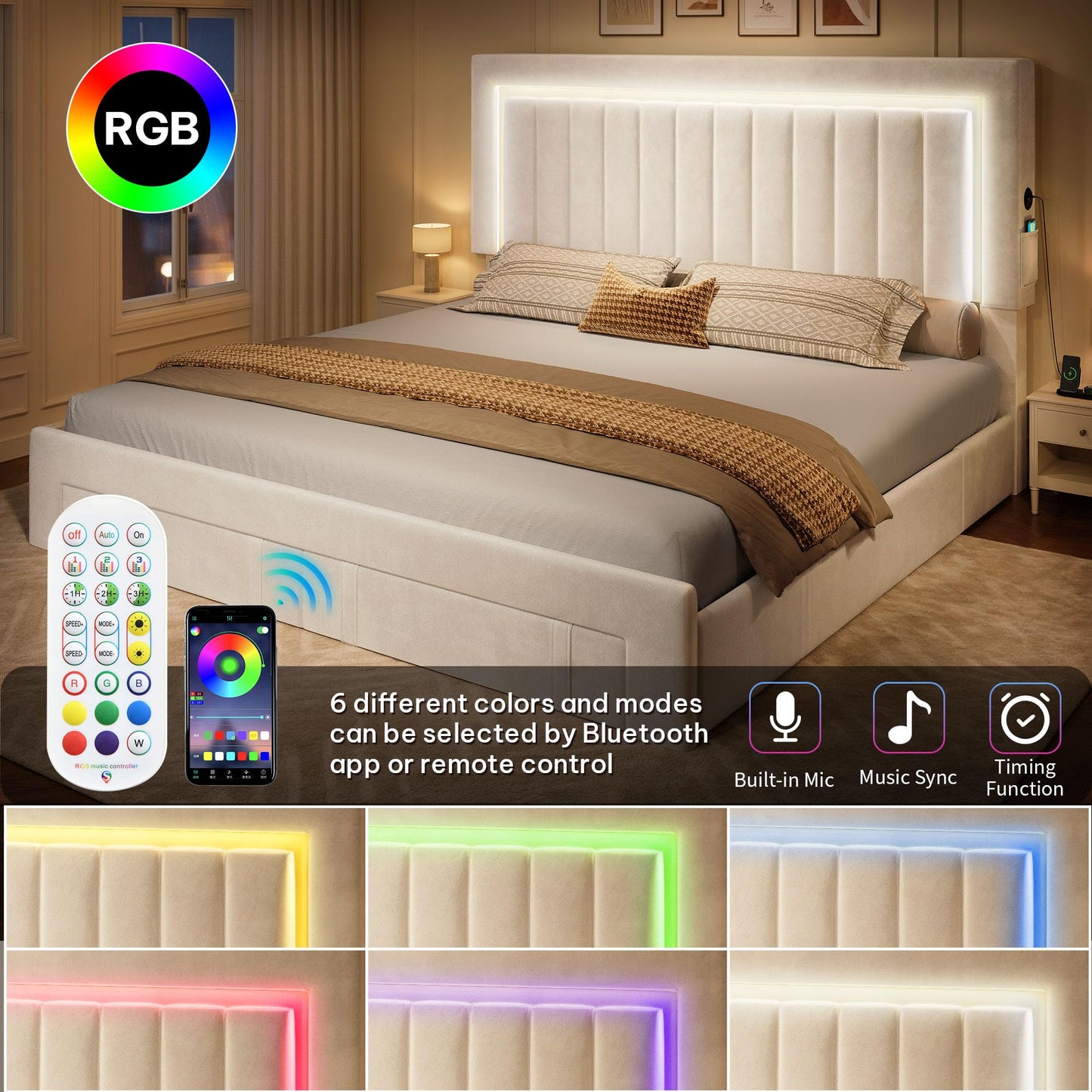 DWVO Queen Size Bed Frame with Adjustable Headboard, 4 Storage Drawers and RGB LED Lights, Velvet Upholstered Platform Bed with USB Ports, No Box Spring Needed, Fast Assembly, Noise-Free, White