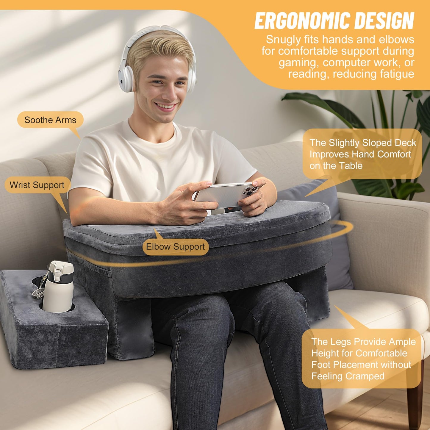 KKdema Reading Pillow & Gaming Pillow for Lap, Lap Desk Pillow for Gaming with Coaster, Soft Arm Rest Pillow for Adult, Memory Foam Rest Pillows for Reading, Working, Sitting in Floor Sofa, Grey