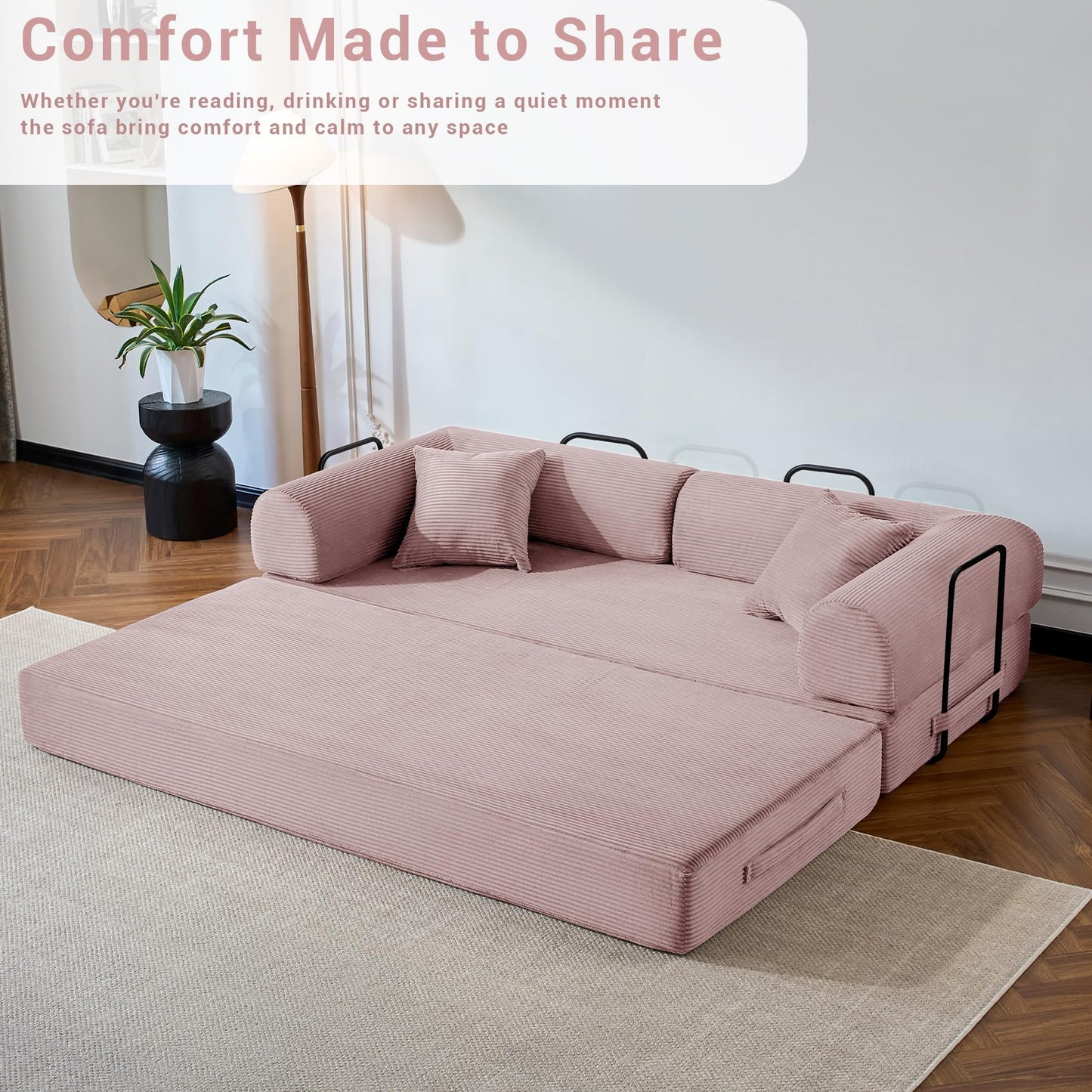 NNQ Compressed Sofa - Convertible Sofa Bed, Corduroy Compression Boneless Couch in a Box, Comfy Modular Foldable Floor Sleeper Sofa for Bedroom, Living Room (Corduroy Fabric, Pink)