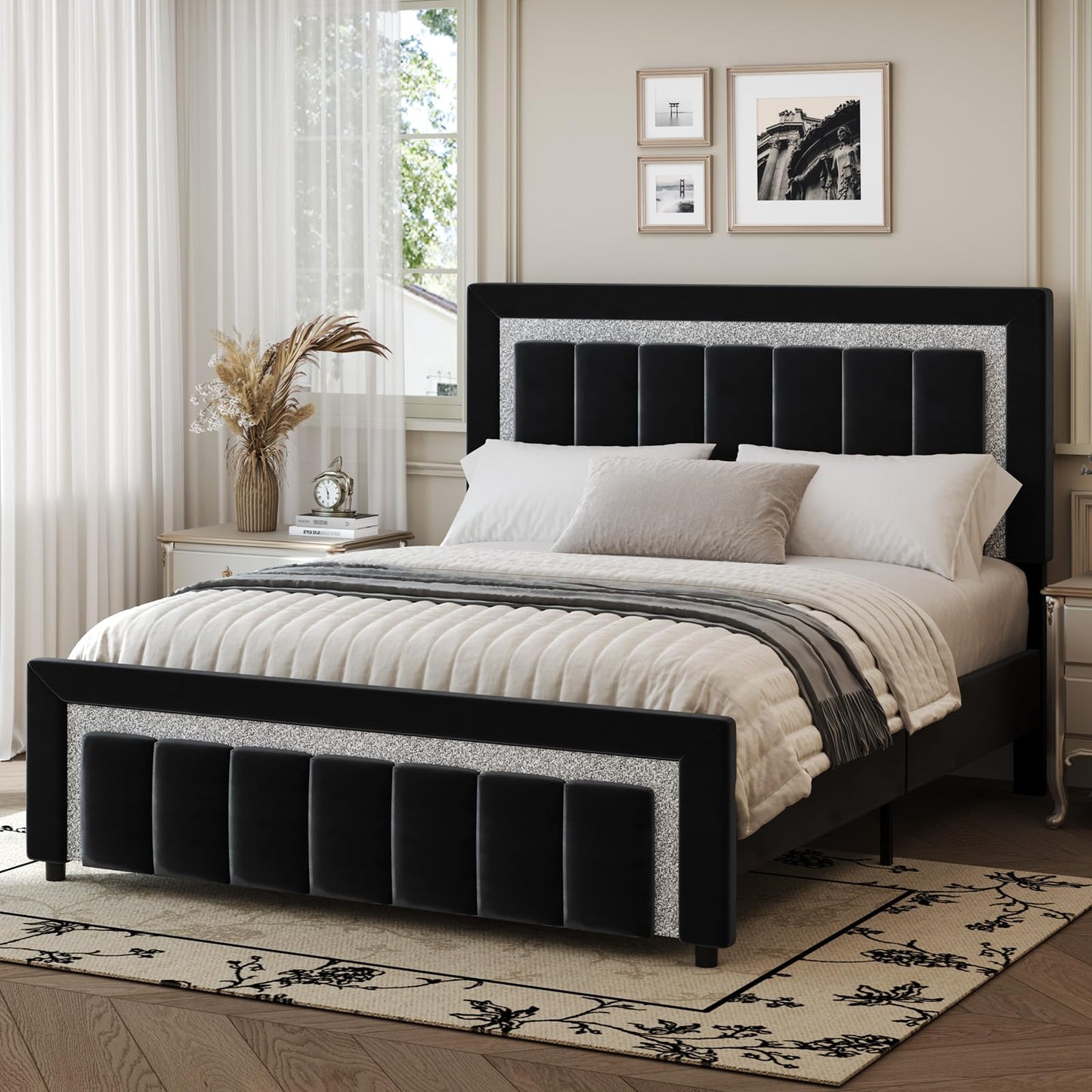 HOMBCK Full Size Bed Frame with Headboard, Velvet Upholstered Bed with Diamond Design, Full Bed with Wooden Slats Support, Mattress Foundation, No Box Spring Needed, Easy Assembly, Black