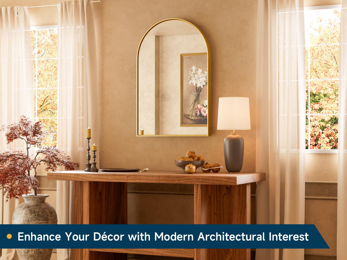 TETOTE Gold Arched Mirror for Bathroom, 24 x 36 Brushed Gold Metal Framed Arch Bathroom Mirror, Tempered Glass Decorative Rustic Wall Mirror for Fireplace, Entryway, Living Room