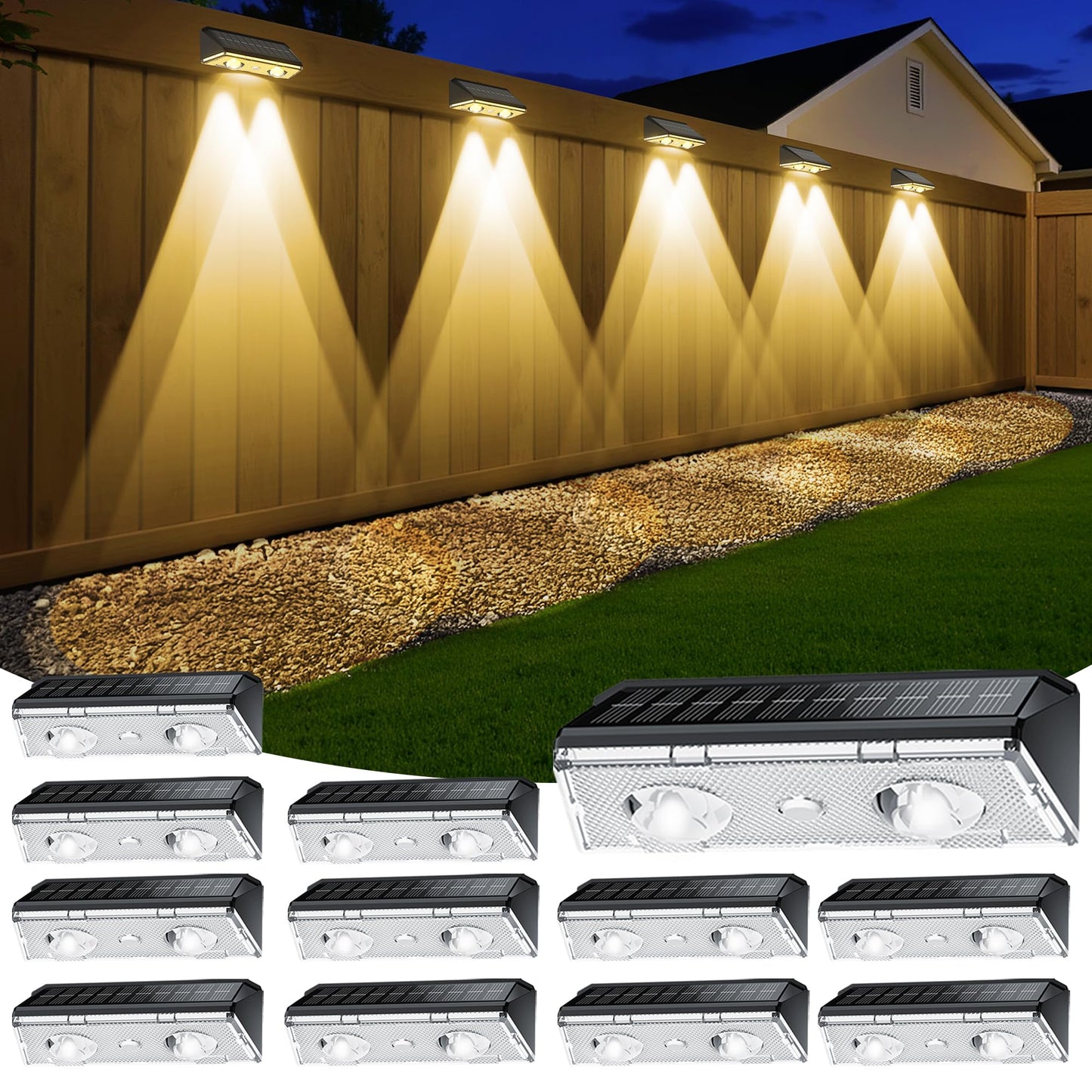 KEILAIMO Solar Fence Lights Outdoor, 12 Pack IP65 Waterproof Fence Lights Solar Powered with Ultra-Bright LED Lens, 9 Color Modes, 12+ Hours Steady Glow for Deck/Backyard/Patio/Pool/Wall - Black