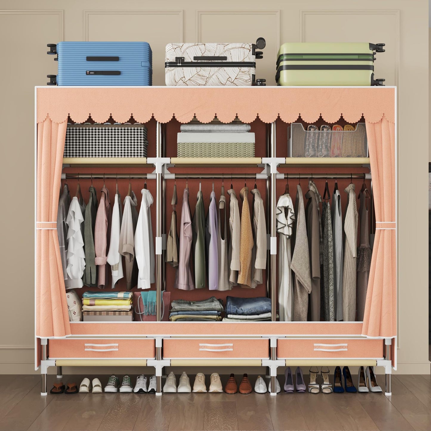 LEAIJIAFY Portable Armories Wardrobe, 65" Tall, Metal Frame with Cute Pink Non-Woven Cover, 3 Hanging Areas, Drawers and Shelves,for Small Room Clothing Storage