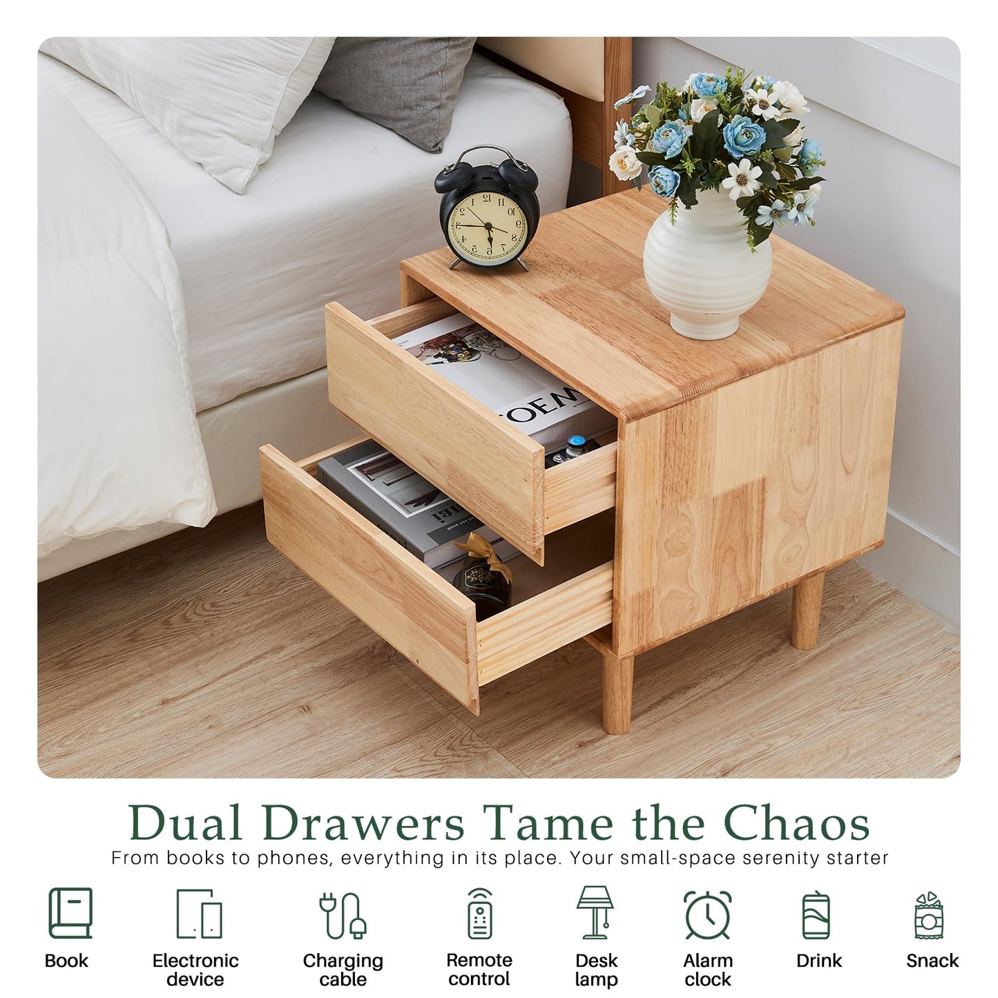 Small Solid Wood Nightstand with Drawers - Mid Century Modern 2 Drawer Wood Narrow Nightstand Side Bedside End Table with Storage for Living Room Bedroom Office, Natural, 15.7" D x 17.1" W x 19.6" H