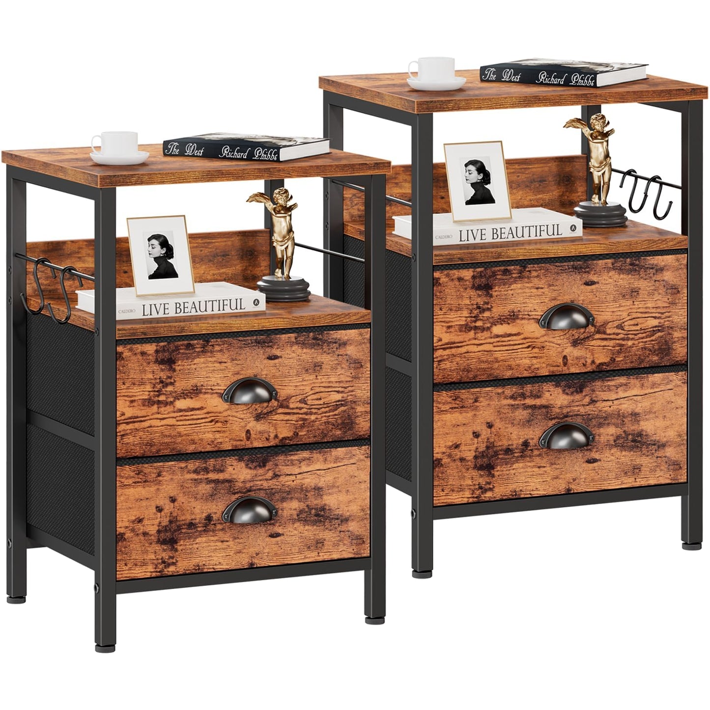 Furologee Nightstands Set 2, Bedside Table with 2 Fabric Drawers, End Table with Hooks and Shelf, Side Table for Bedroom/Living Room/Study/Hallway/Brown