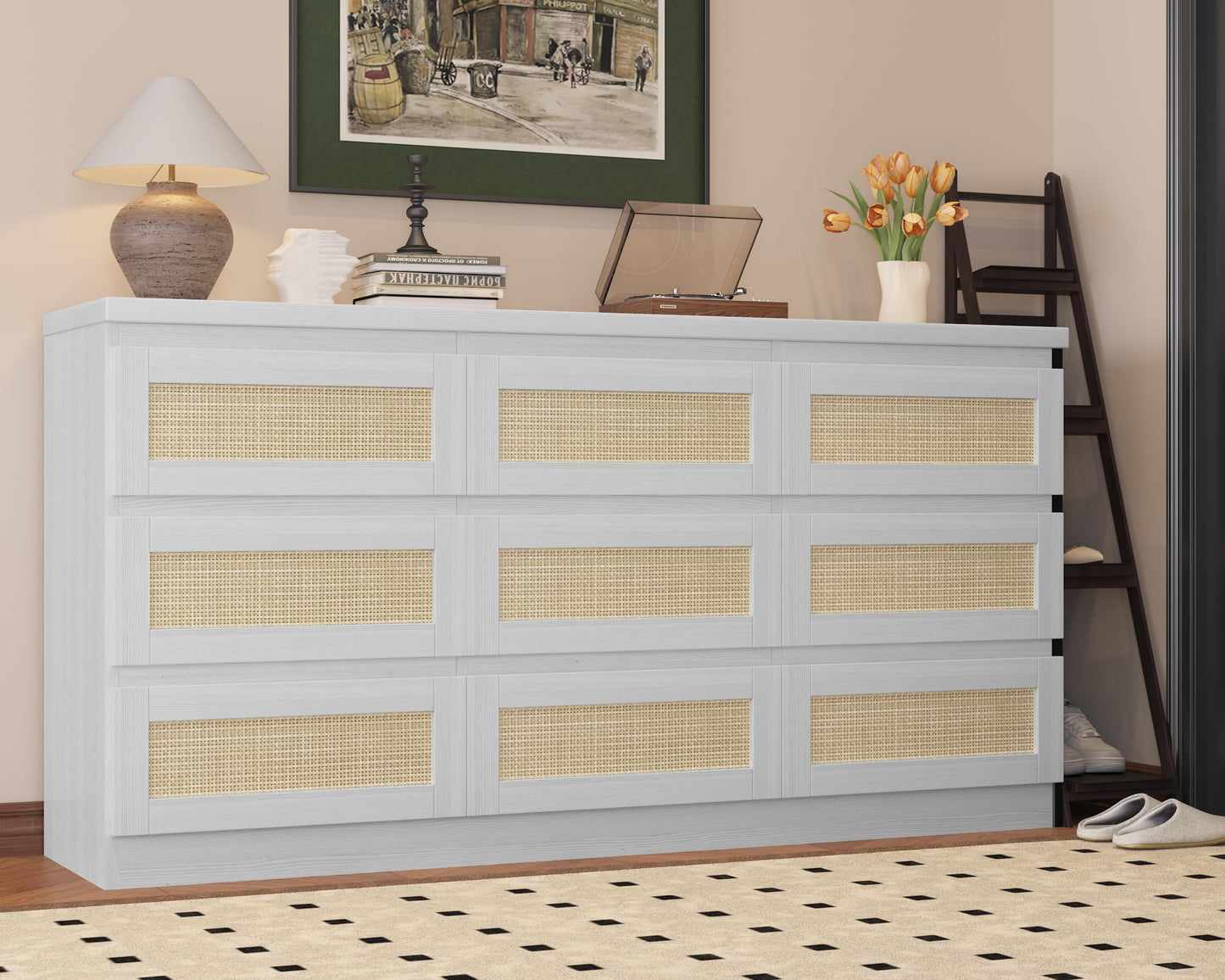 Hipicute Rattan Dresser for Bedroom, 9 Drawer Dresser with Charging Station, Farmhouse Wood Chest of Drawer with Strong Base, Storage Organizer for Living Room, Hallway, White