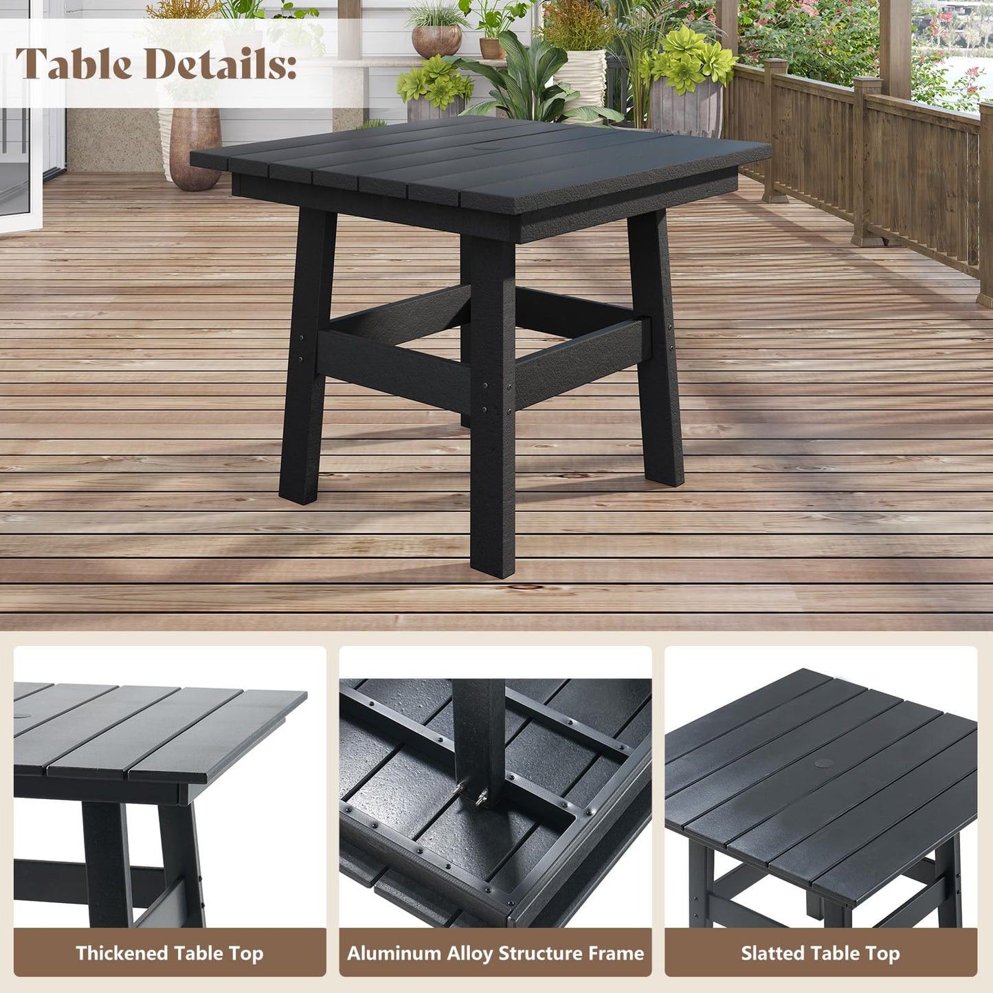 AMERLIFE 5 PCS Outdoor Dining Set with 4 Chairs, 36.8'' HDPE Outdoor Table and Chairs, Patio Dining Table Set with Umbrella Hole for Garden, Backyard and Poolside, Black