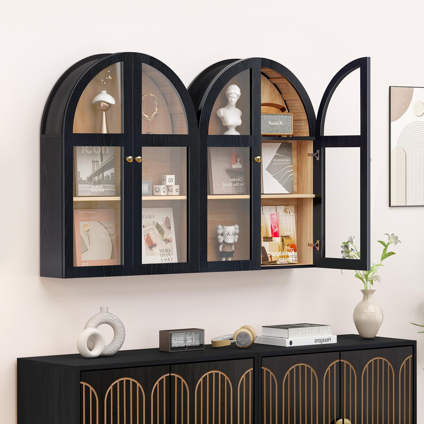 Bathroom Medicine Cabinet Wall Mounted, Arched Wall Cabinet with Adjustable Shelf & Acrylic Doors, Floating Cabinet for Wall Over The Toilet Storage Cabinet Space Saver for Kitchen, Black