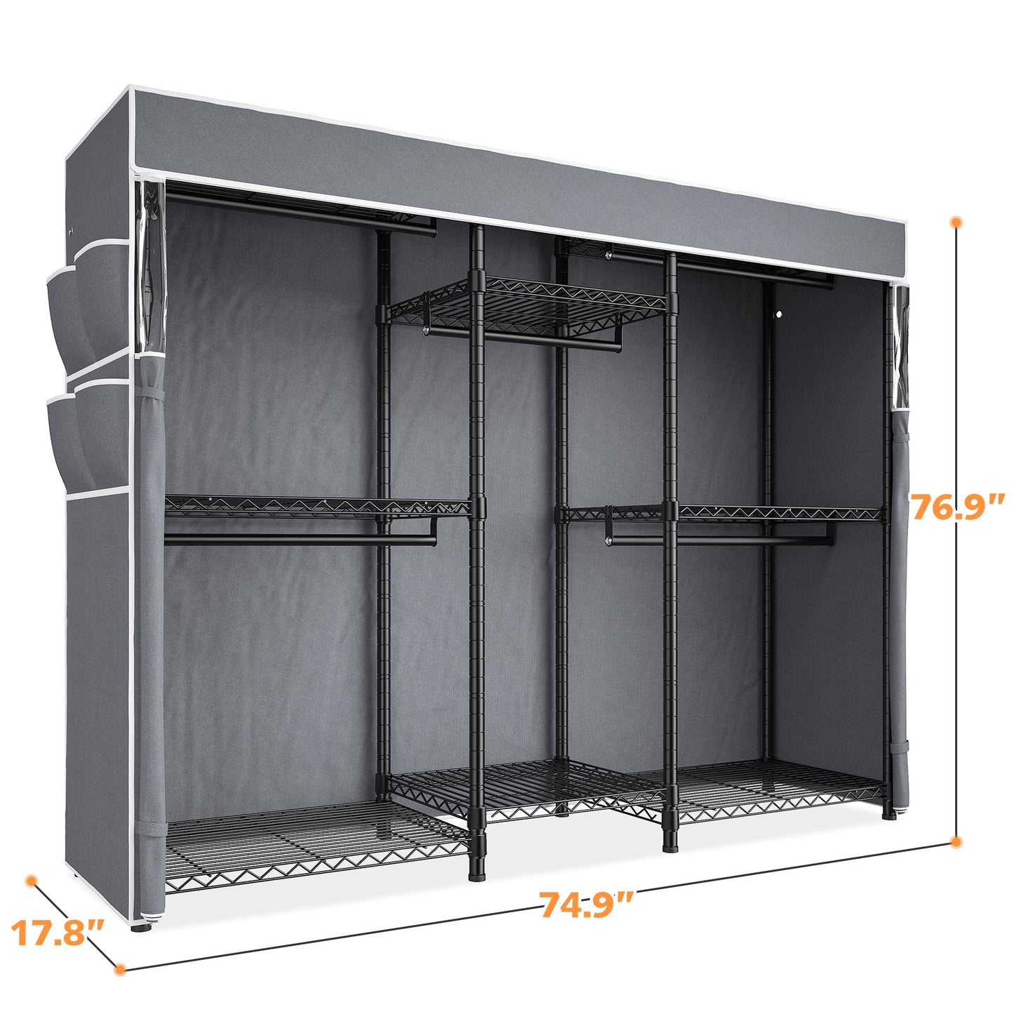 Raybee Heavy Duty Clothes Rack with Cover Loads 900LBS Portable Clothing Rack for Hanging Clothes,Adjustable feet for stability, Black, 74.9" Wx17.8 Dx76.9 H