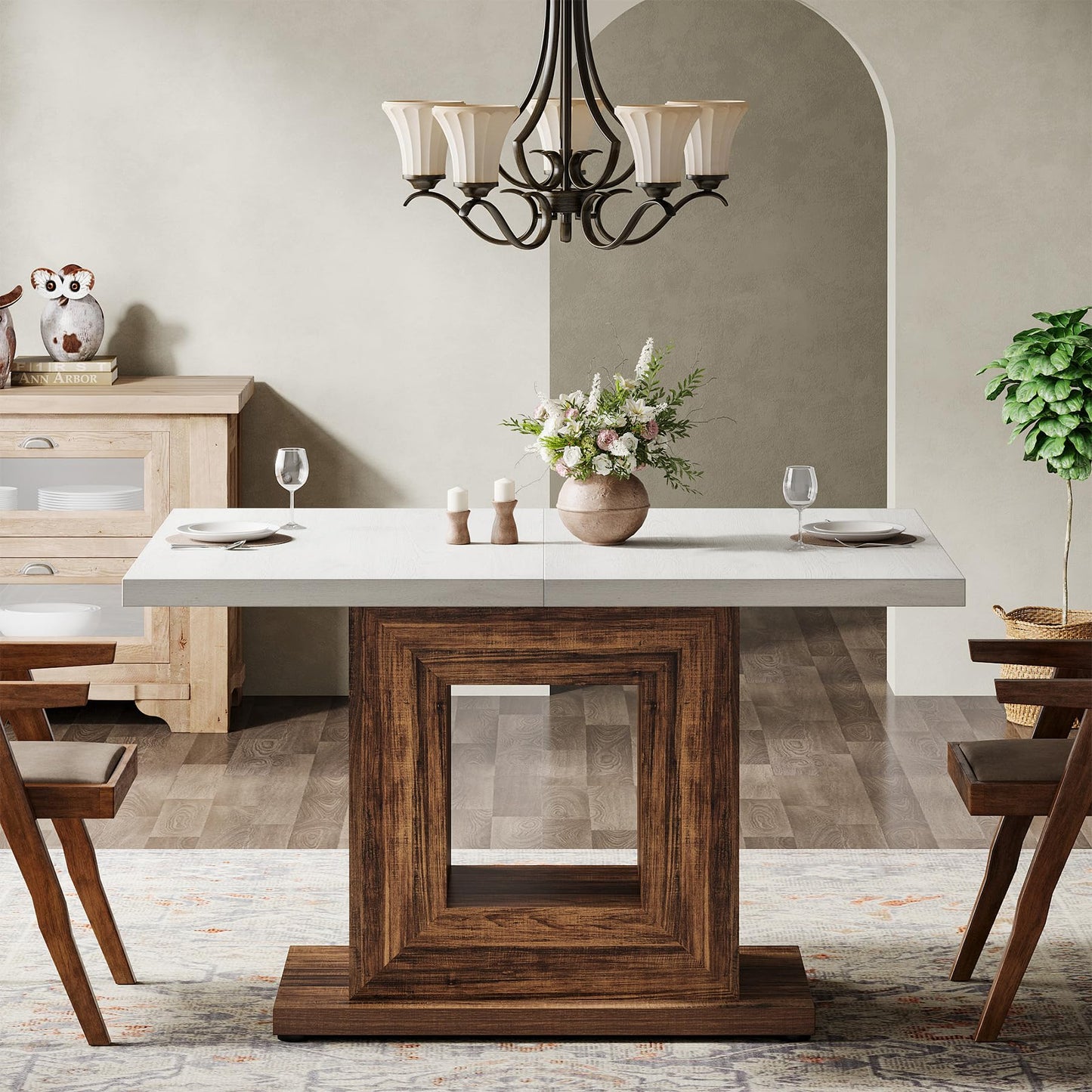 Tribesigns 47-Inch Farmhouse Dining Table for 4, White Kitchen Dinner Table with Heavy Duty Pedestal, Rustic Wooden Eating Table for Home, Dining Room, Small Space, White & Brown