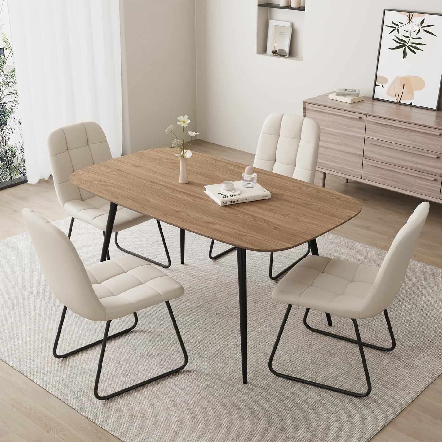 HIPIHOM 47.2'' Dining Table Set for 4,Modern Wood Dining Table,Leather Dining Chairs 4,Table and Chairs Set of 4,Ideal for Kitchen Dining Room (Walnut Color Table + 4 U-Shaped White Chairs, 47.2")