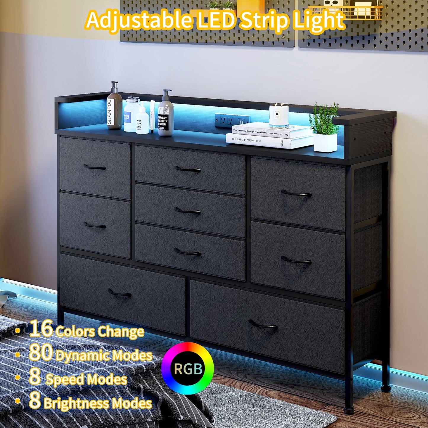 Fixwal Black Dresser for Bedroom with 9 Storage Drawers and Charging Station, Fabric Chest of Drawers for Kid Room, Entryway, Boy Bedroom
