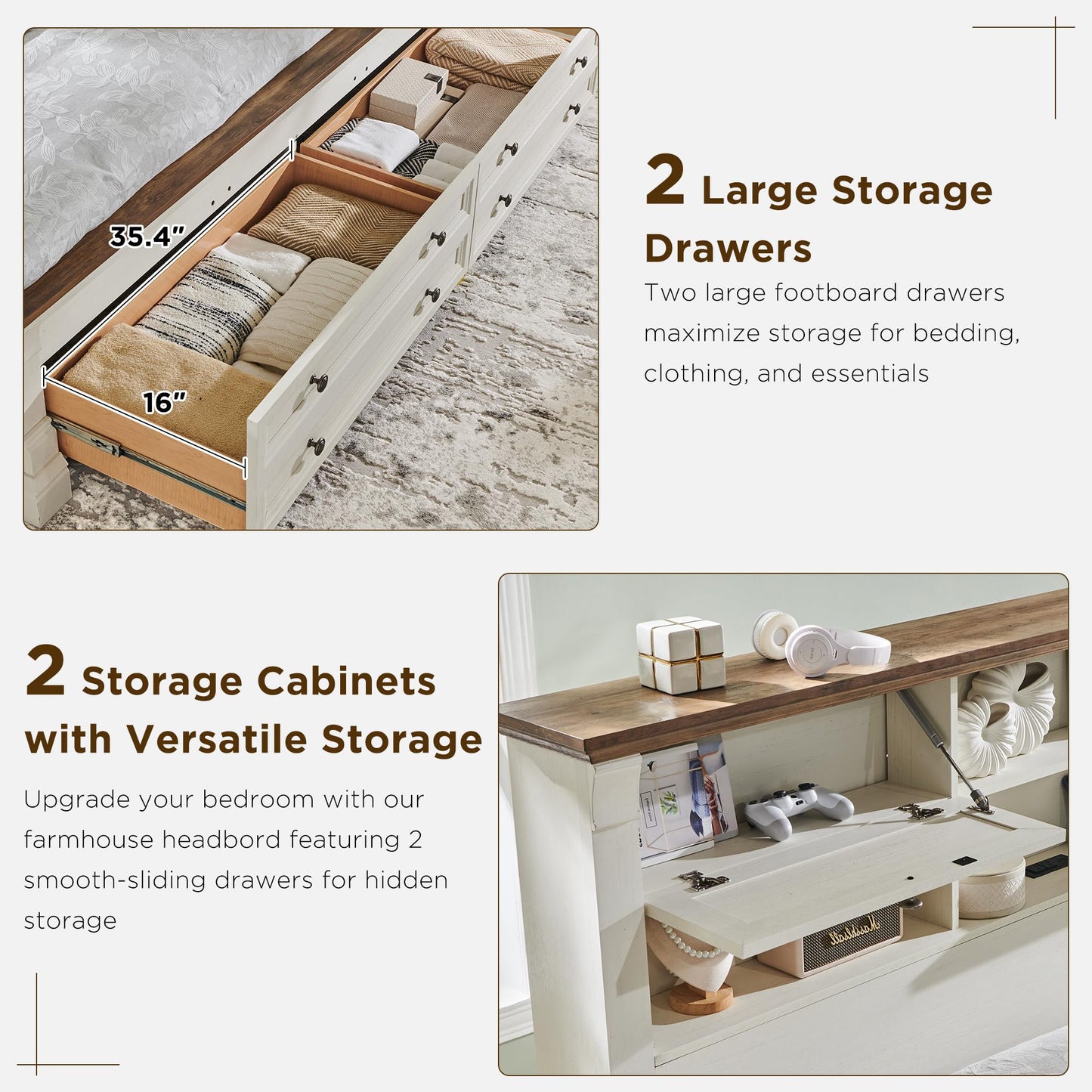Farmhouse King Size Bed Frame with 54" Tall Headboard, Wood Platform Bed Frame with 18" Tall Roman Column Decoration Footboard & 2 Large Storage Drawers, No Box Spring Needed(Antique White)