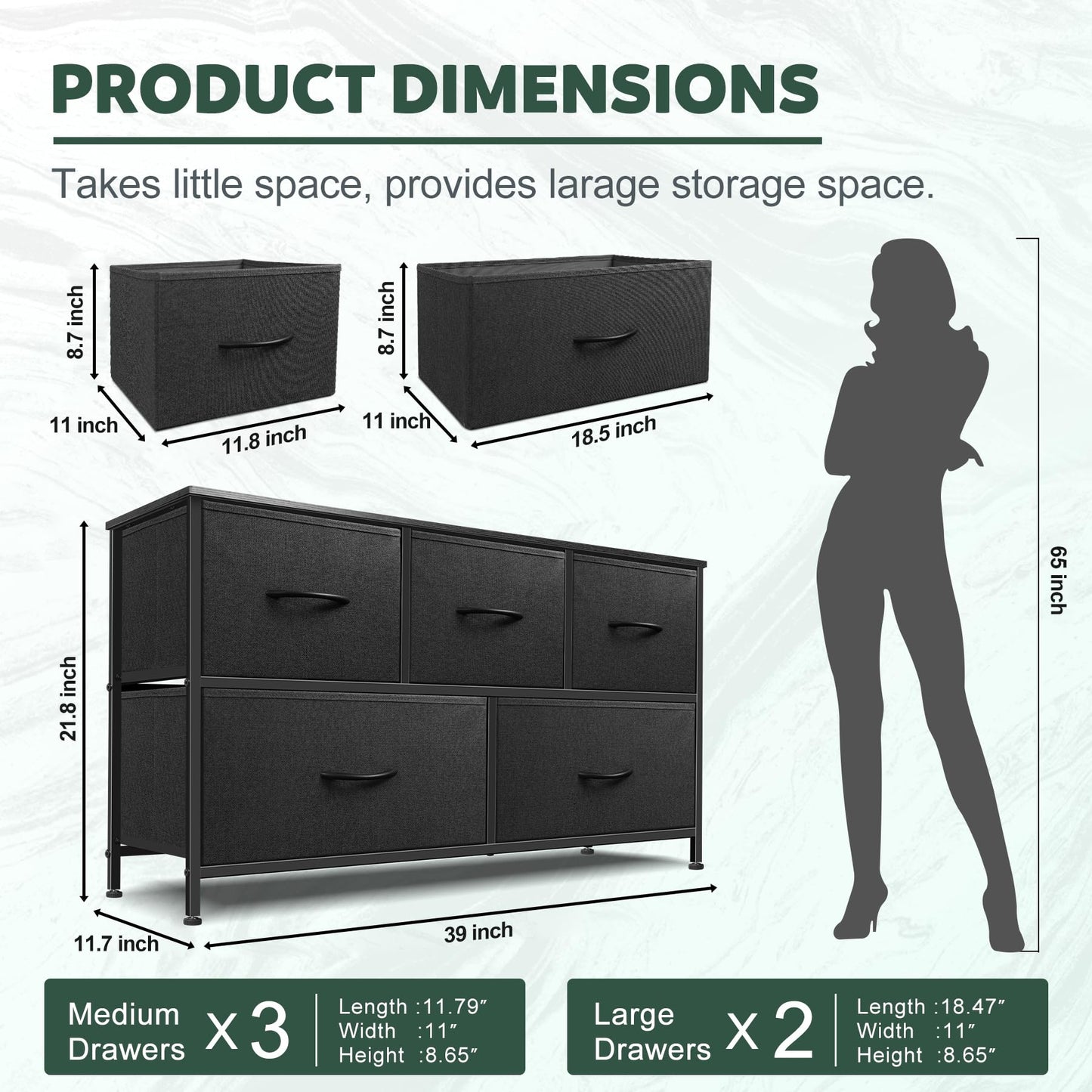 Sonharlar Dresser for Bedroom with 5 Drawers, Chest of Drawers, Storage Drawers Organizer Unit, Black Wide Fabric Dresser with Fabric Bins for Closet, Living Room, Bedroom (Charcoal Black)