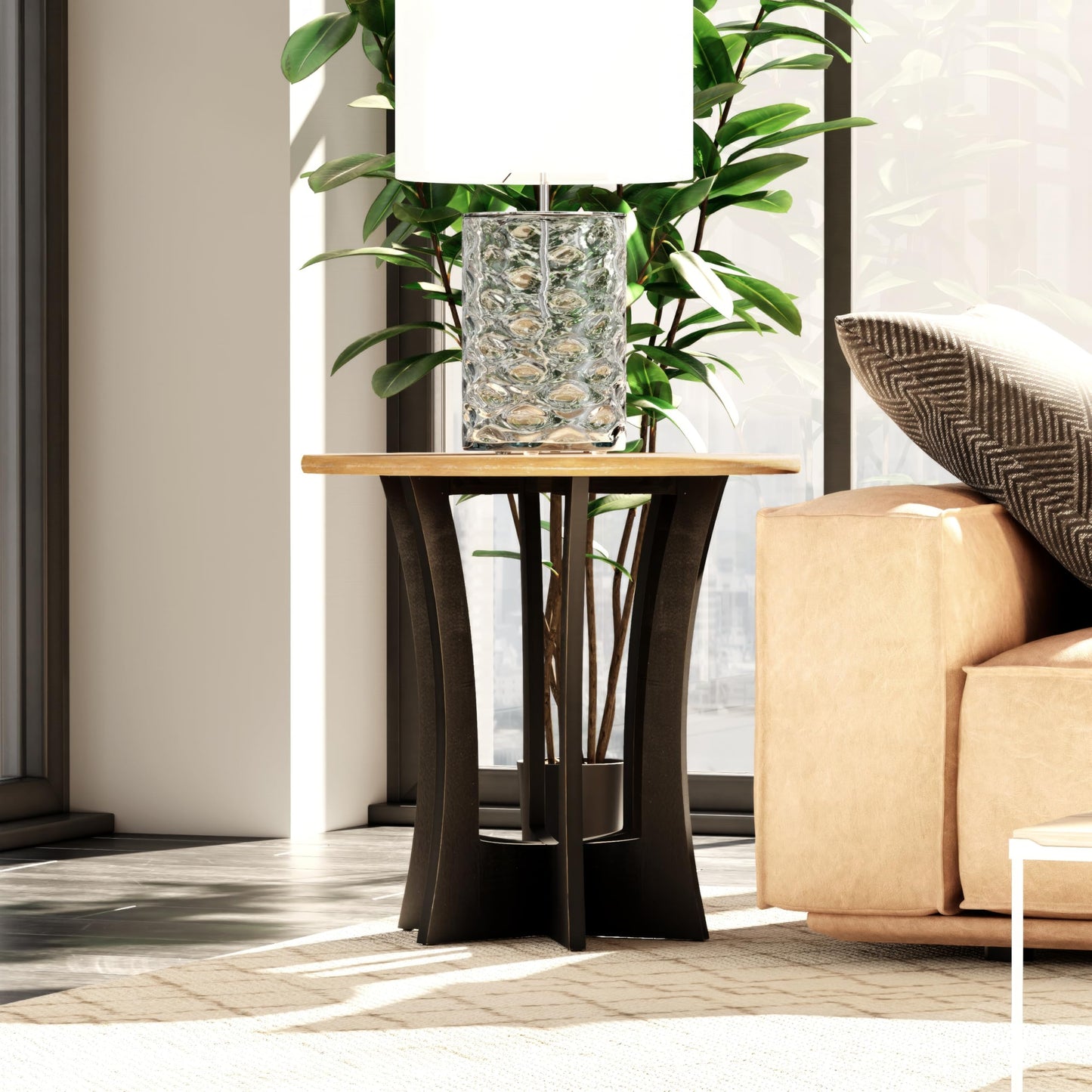 COZAYH Farmhouse Round End Table with Criss-Cross Wood Legs, Rustic French Country Side Table for Dinning or Living Room, Modern, Black, Natural Wood