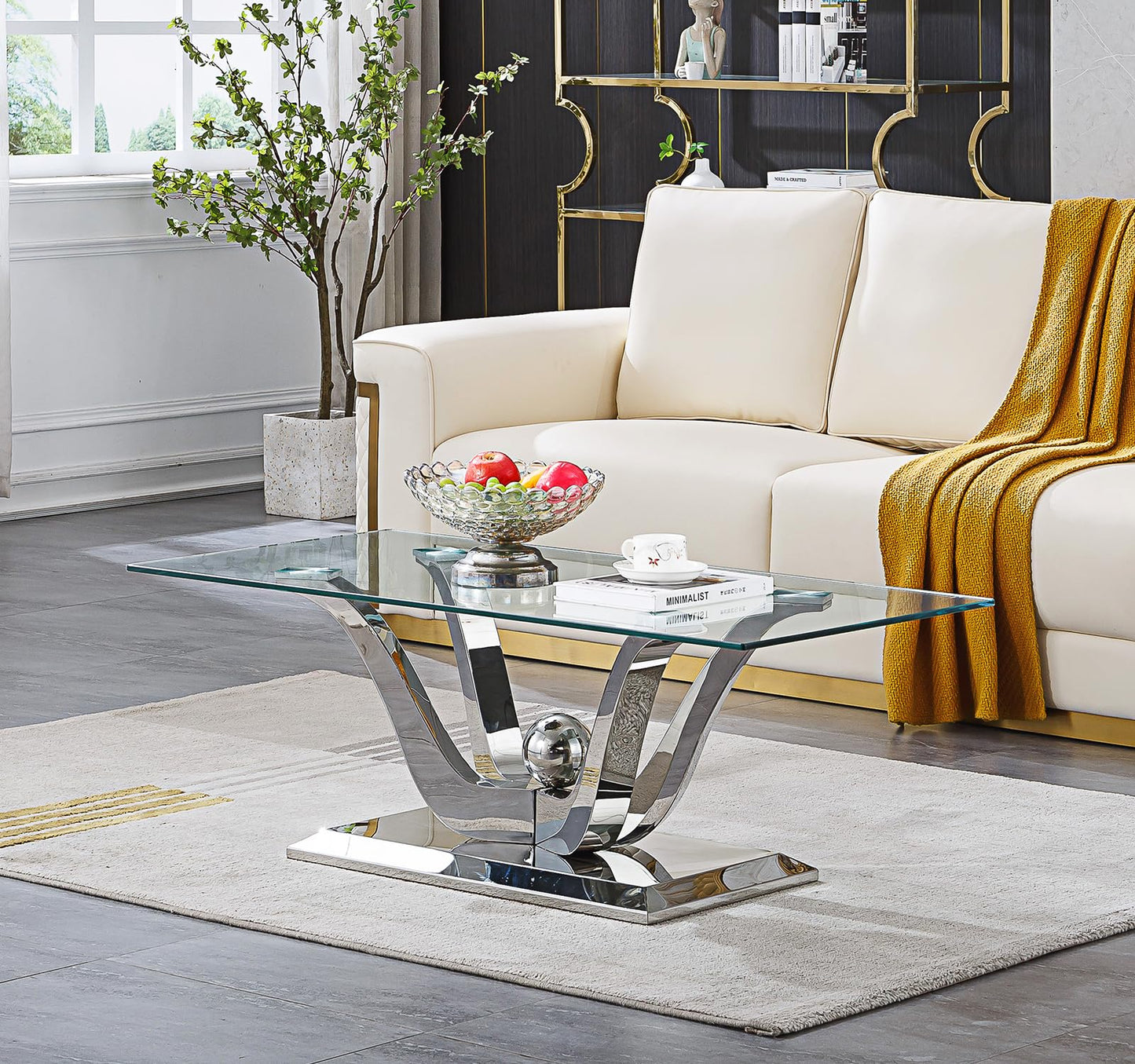 Luxury Silver Glass Coffee Table,47-inch Modern Coffee Table for Living Room,Rectangle Glass Center Table w/Stainless Steel Flower-Shape Base,Tempered Glass Accent Table for Bedroom Home Office