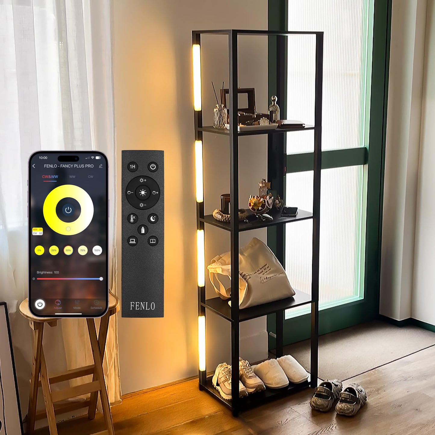 FENLO LED Floor Lamp with Shelves Fancy Pro, Dimmable Display Shelf Lamp with Color Temperature Control, App & Remote, Bright Long-Lasting Integrated LED