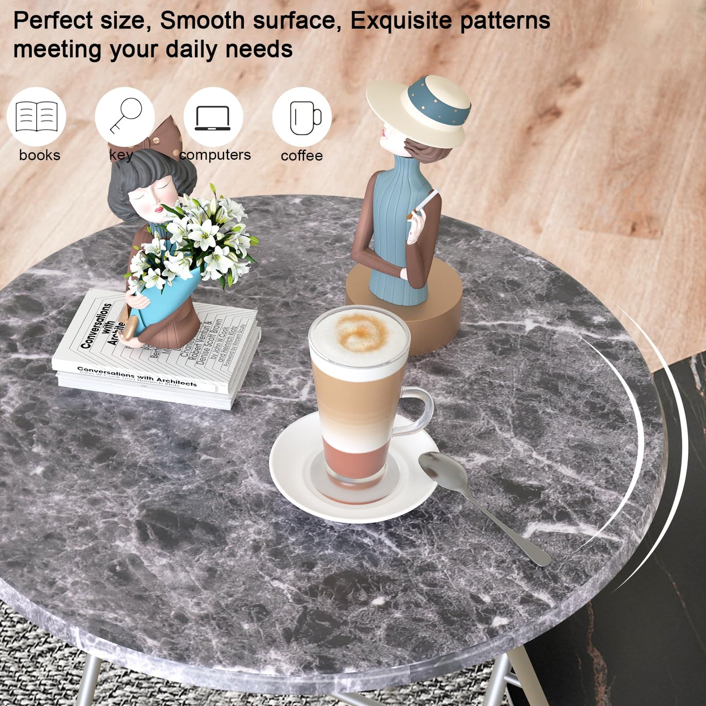 Fleecy day TV Tray Table, Portable TV Dinner Table for Eating, Small Foldable Round Table, TV Side Trays Table Set of 2, Snack Table for Couch, Living Room, Outdoor, Small Space (Black Marble, 2Pcs)