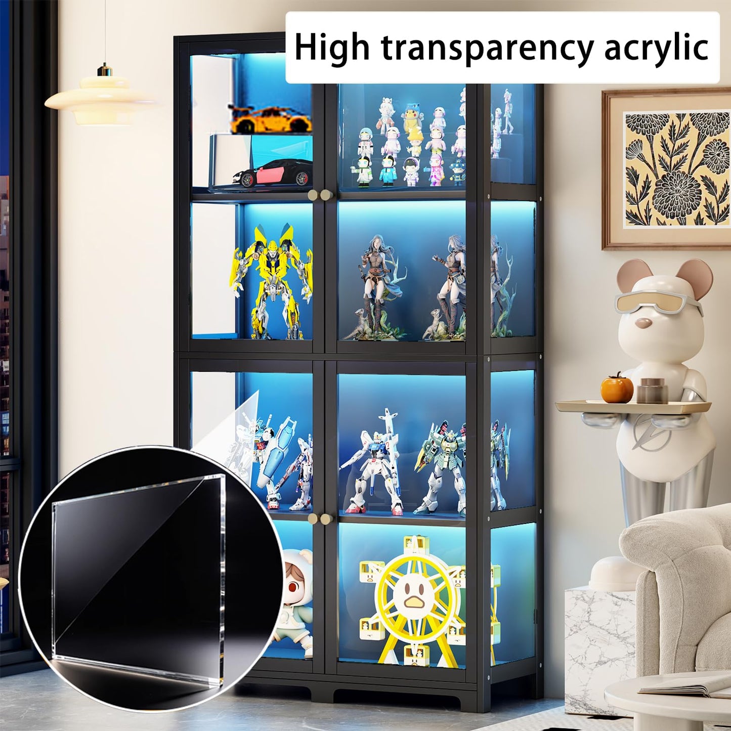Display Cabinet with Acrylic Glass Doors, 4-Tier Curio Display Case, Transparent Bamboo Curio Display Case for Figures, Storage Cabinet for Collectibles, Bedroom, Office, Playroom