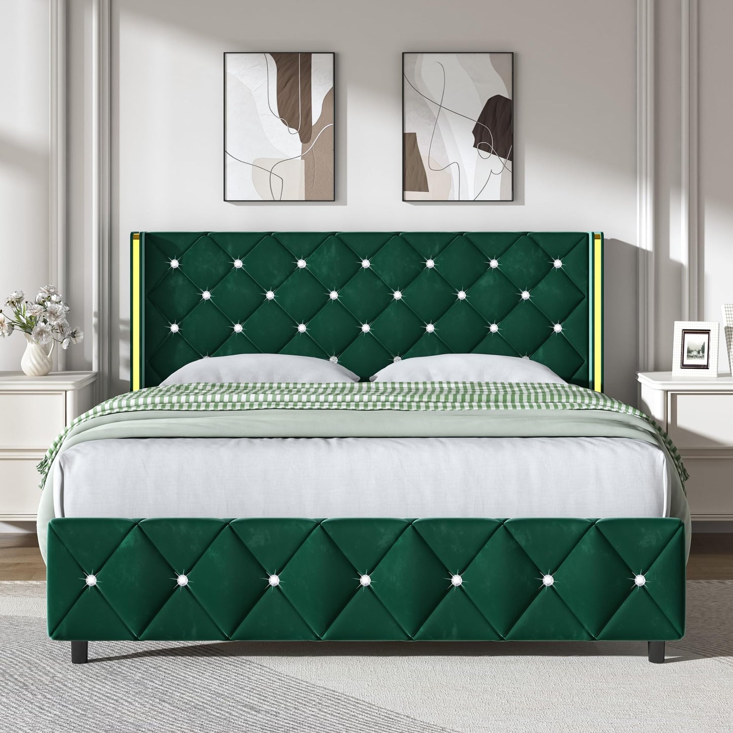 HOMBCK Queen Size Bed Frame with Headboard, Velvet Upholstered Platform Bed Frame Queen with Wingback and Diamond Headboard, Wood Slat Support, No Box Spring Needed, Easy Assembly, Green