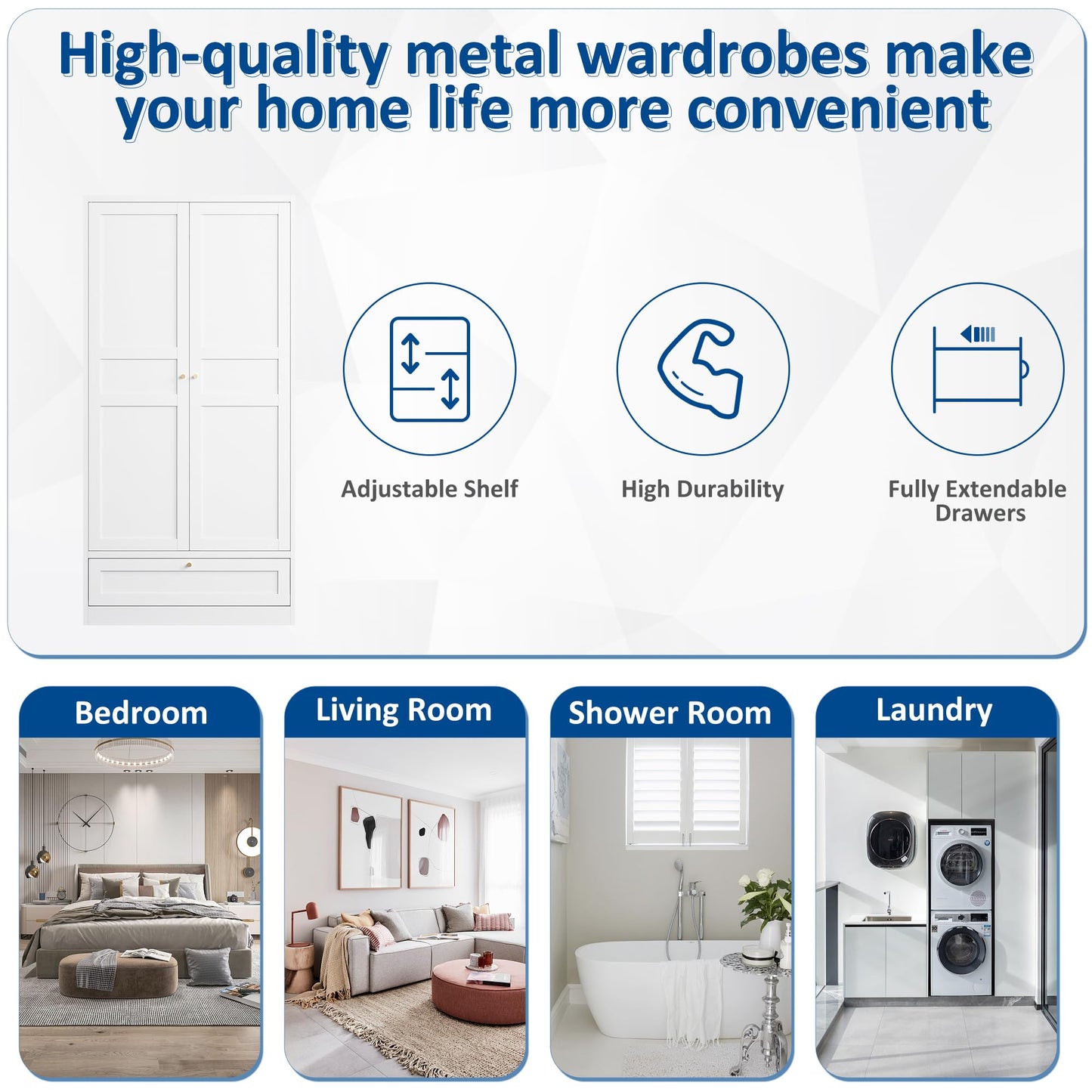 BYNSOE Metal Armoire Wardrobe Closet with 2 Doors 72'' Wardrobe Cabinet with Drawers and Hanging Rail Metal Closet with Adjustable Shelves for Bedroom. (White, with 1drawer)