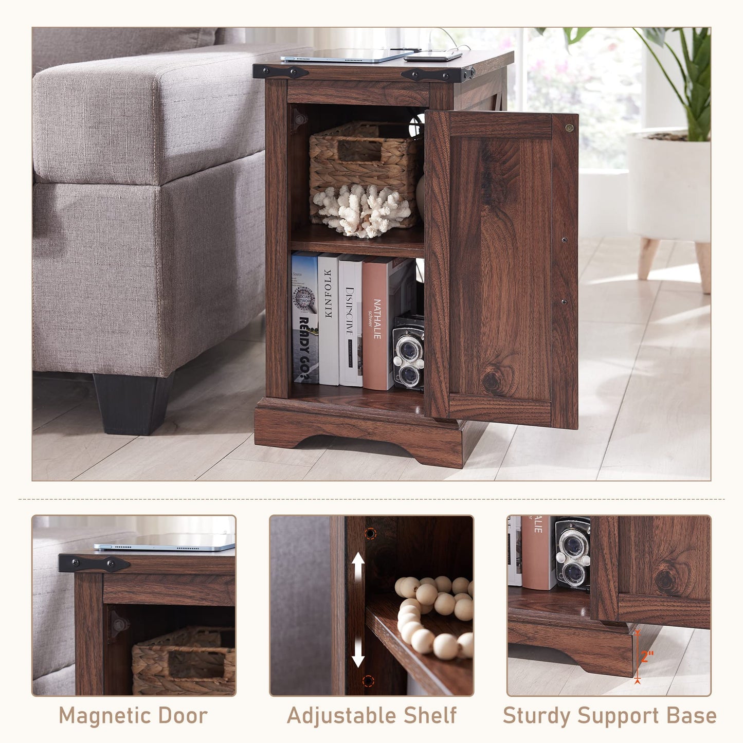 JXQTLINGMU Farmhouse Nightstand Set of 2 with Charging Station, 17" D Rectangular End Table with Barn Door & Adjustable Storage Shelf, Wood Rustic Sofa Side Table for Living Room, Bedroom, Brown