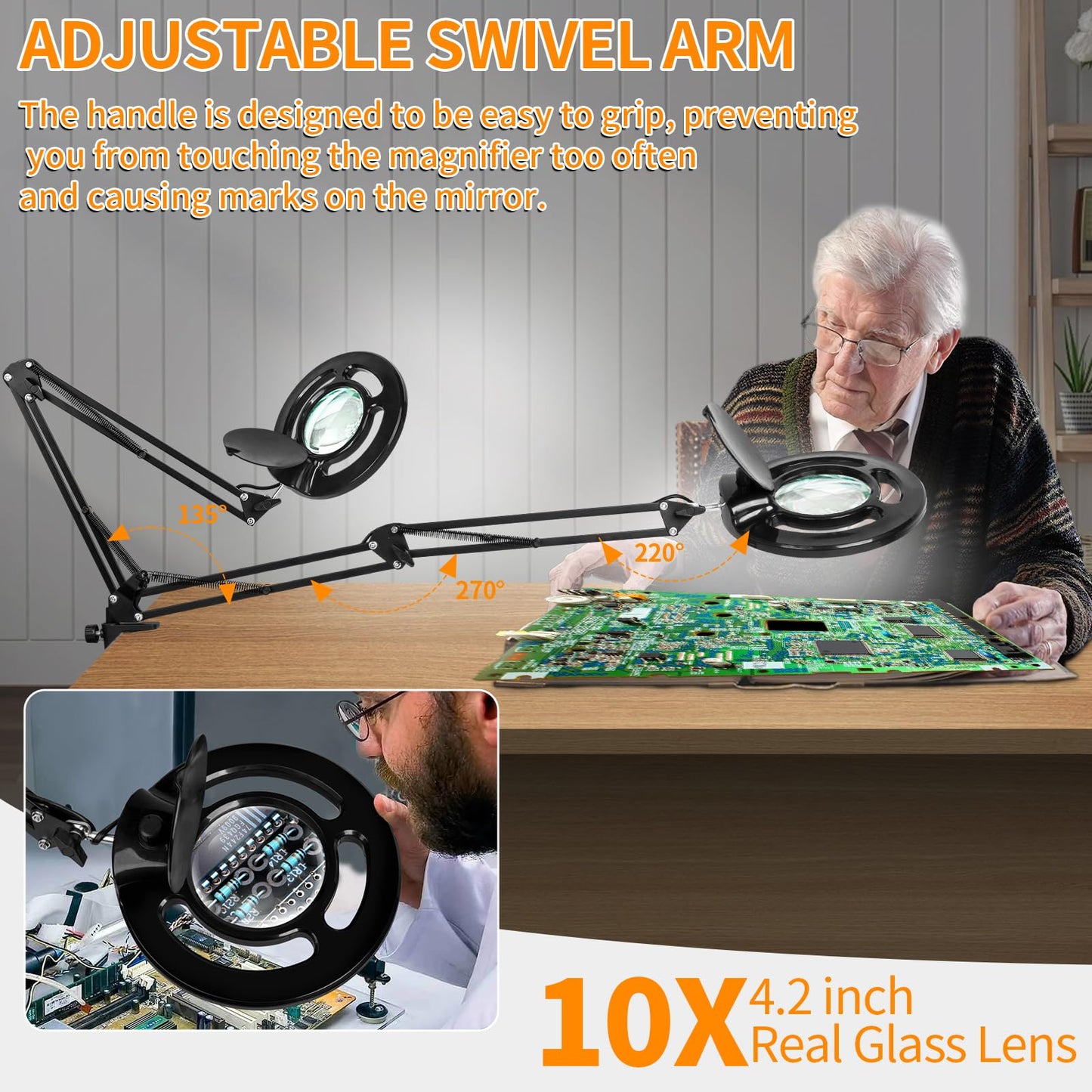 HITTI 10X Long Magnifying Glass with Light and Stand, 2200 Lumens Dimmable Bright LED Lighted Magnifier, Ajustable Swing Arm Magnifying Desk Lamp with Clamp, Hands Free for Hobby Repair Workbench