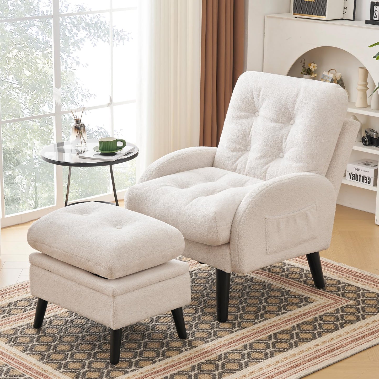 ELUCHANG Accent Chairs with Ottoman, Upholstered Comfy Armchair with Adjustable Backrest&Storage Footrest, Lazy Chair Reading Chair Leisure Sofa Recliner for Living Room Bedroom (White - Teddy Fabric)