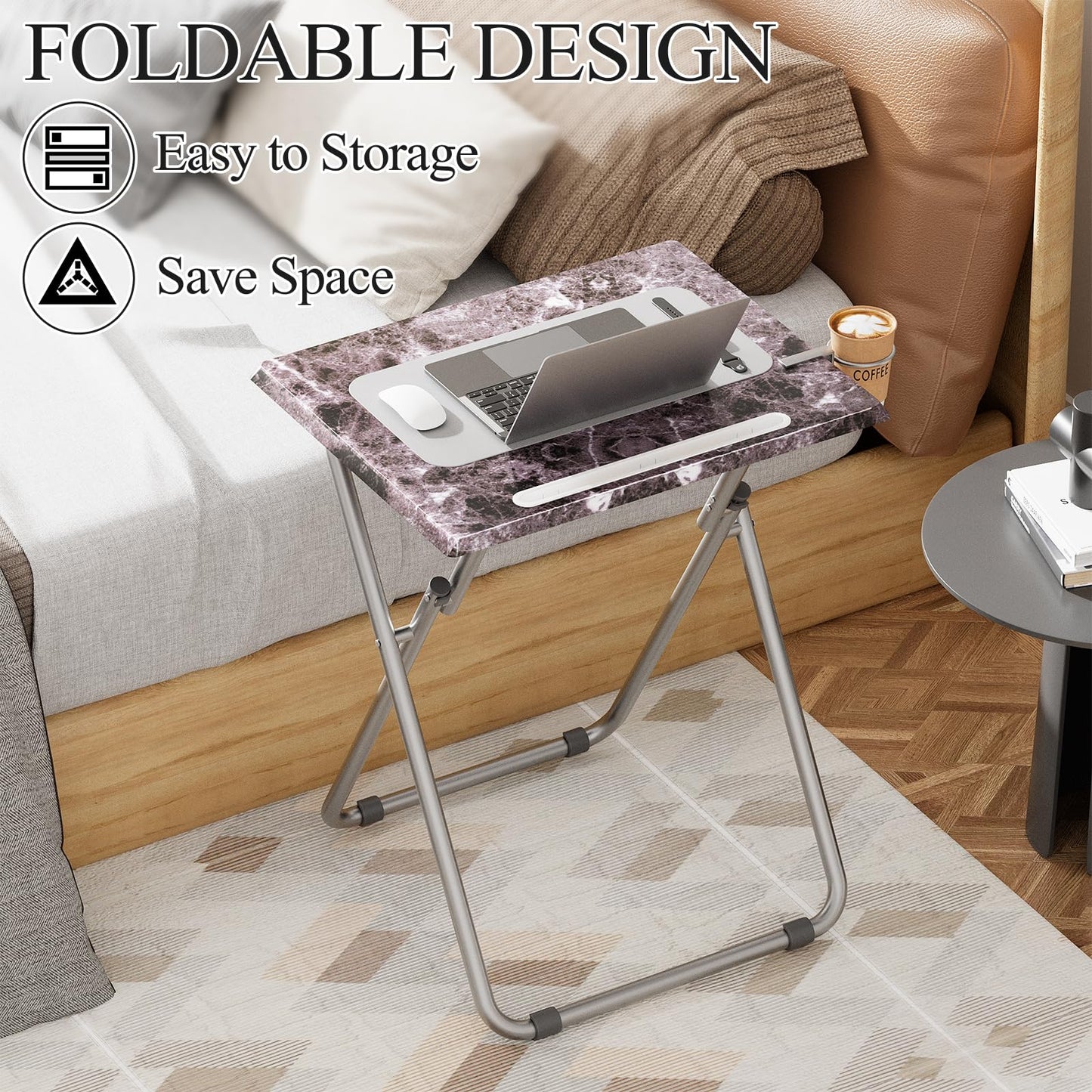 Fleecy day Folding TV Tray Table with Cup Holder, TV Dinner Table with Sturdy MDF Top, Eating Trays with Tablet Slot for Living Room, Bedroom, Sofa, 15 x 18.9 x 25.6 in (Black Marble, 2Pcs)