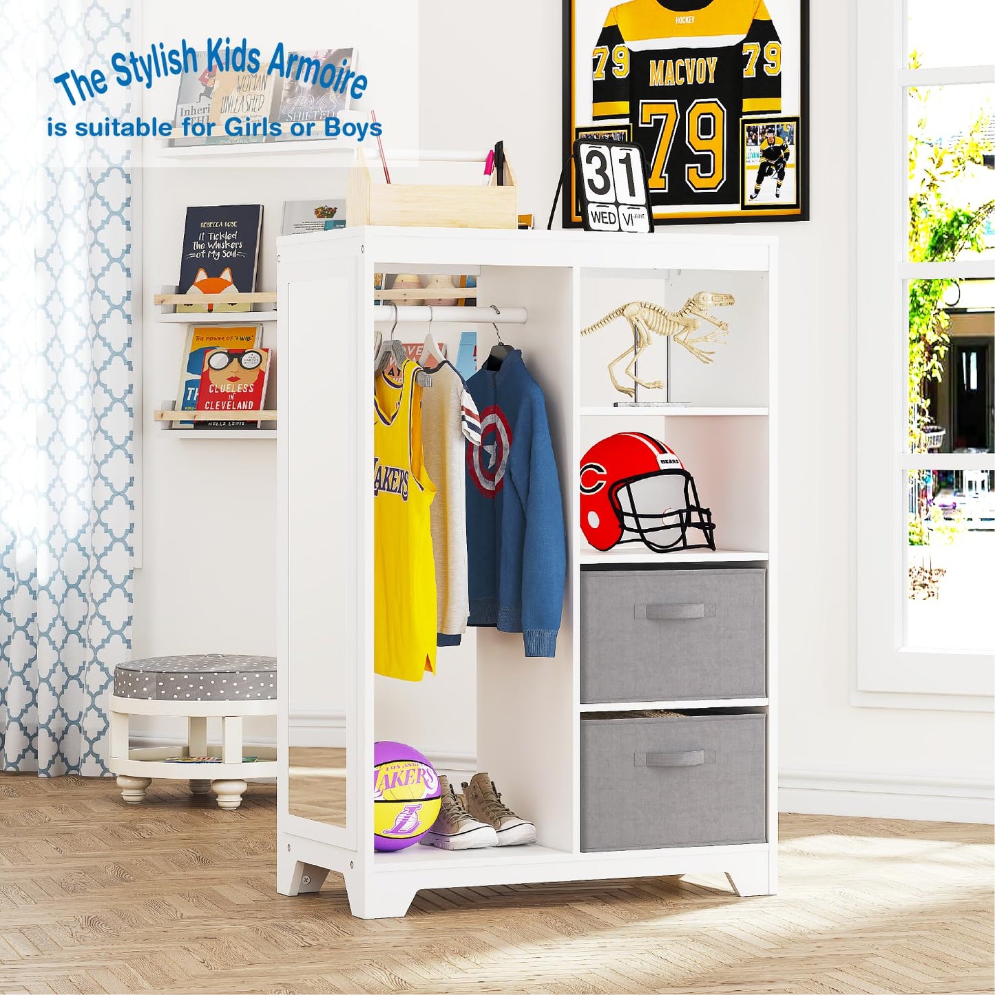 UTEX Kids Dress Up Storage with Full Length Mirror, Kids Armoire with 2 Storage Bins, Opening Hanging Costume Closet Wardrobe for Kids, Pretend Storage Closet Armoire Dresser for Kids Room