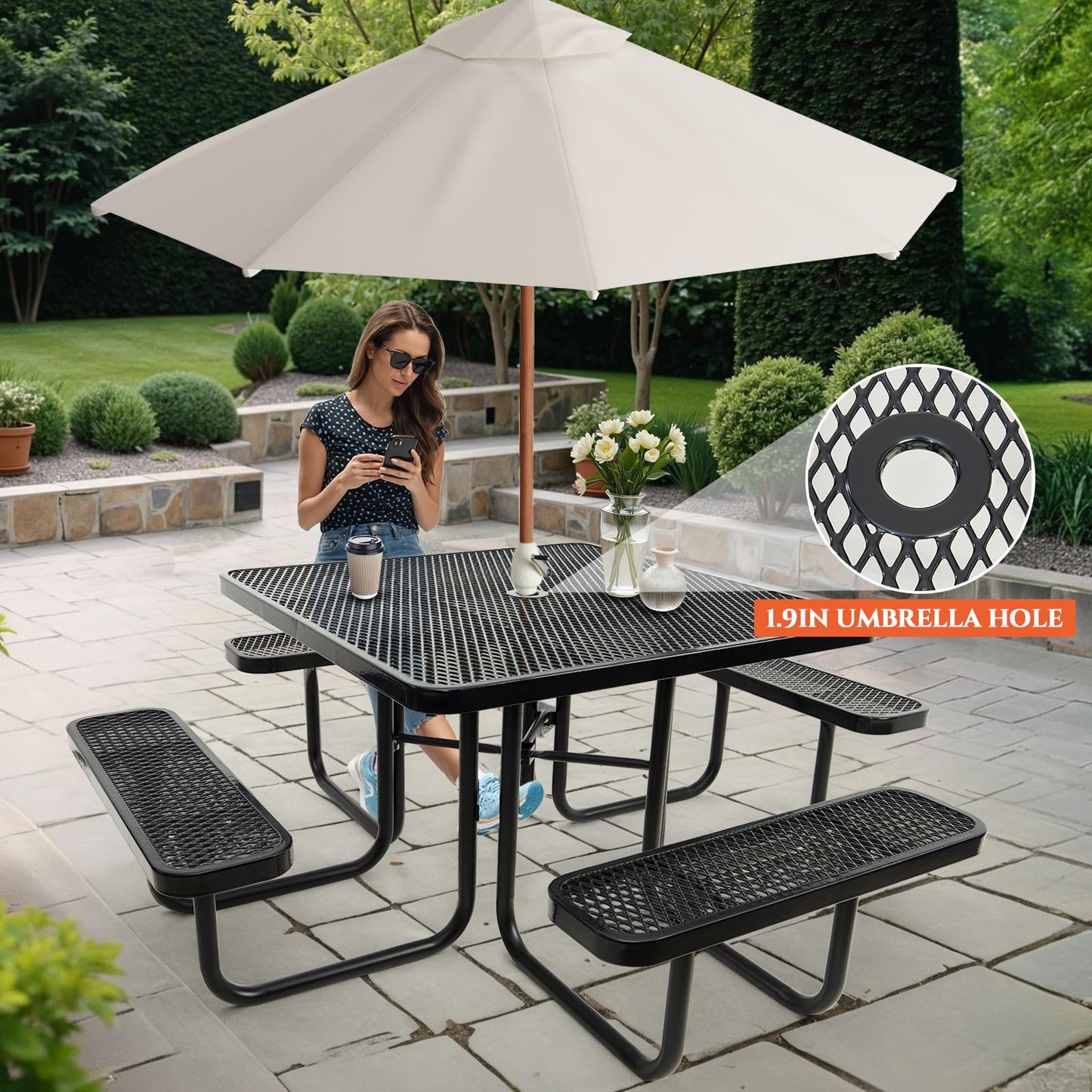 Jinrrenyi 46IN Square Metal Picnic Table Set with Umbrella Hole and Benches for Outdoor, Expanded Heavy Duty Metal Commercial Grade Patio Dining Furniture for Yard Patio Lawn Party Coffee, Black