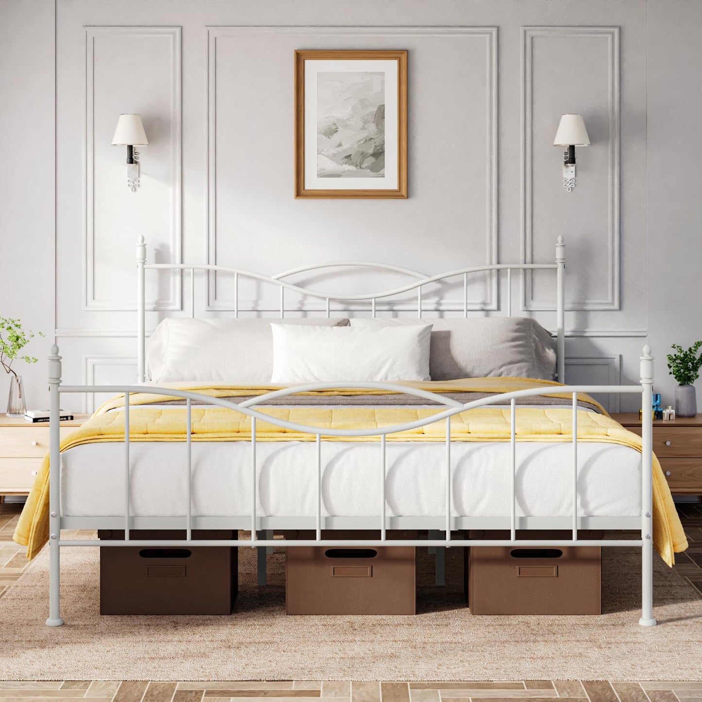 Florise King Size Bed Frame with Headboard,Metal Platform Bed Frame Mattress Foundation with Footboard, Under Bed Storage, Strong Metal Slats Support, No Box Spring Needed, White