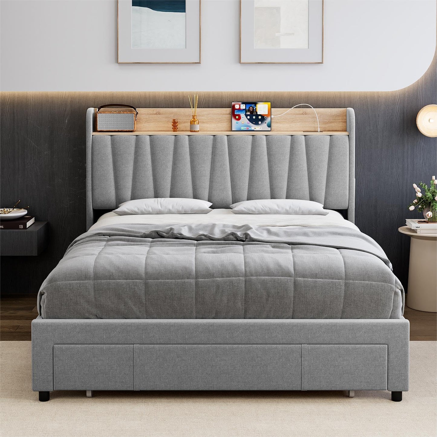 Queen Size Bed Frame with Headboard, Wooden Full Bed Frame with Storage Headboard and Charging Station, Metal Platform BedFrame with Large Drawers, No Box Spring Needed, Easy Assembly, Grey