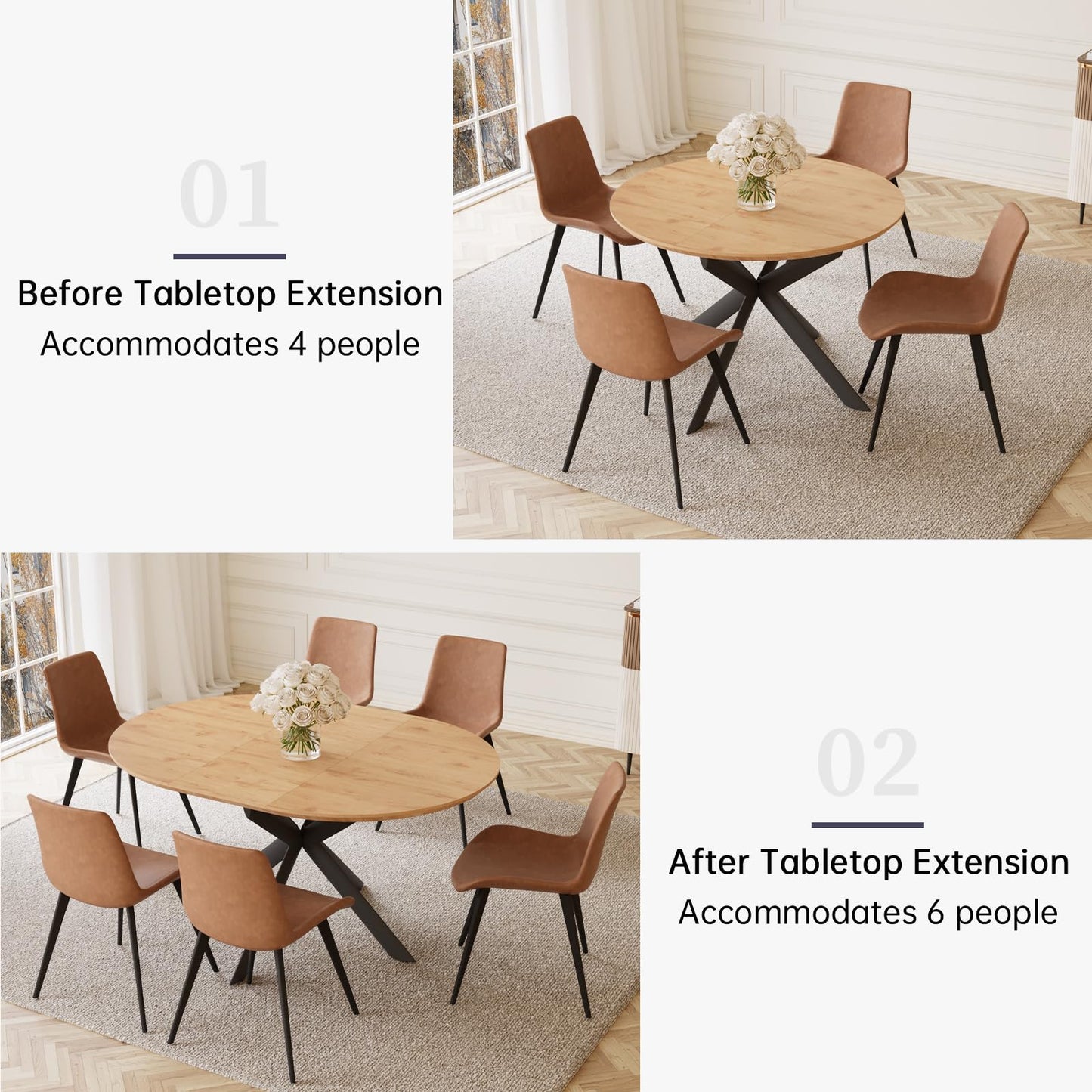 HIPIHOM 43.2"-59.1" Extendable Round Dining Table, Mid Century Modern Wooden Round Table, Leisure Oak Coffee Table,Saving Space