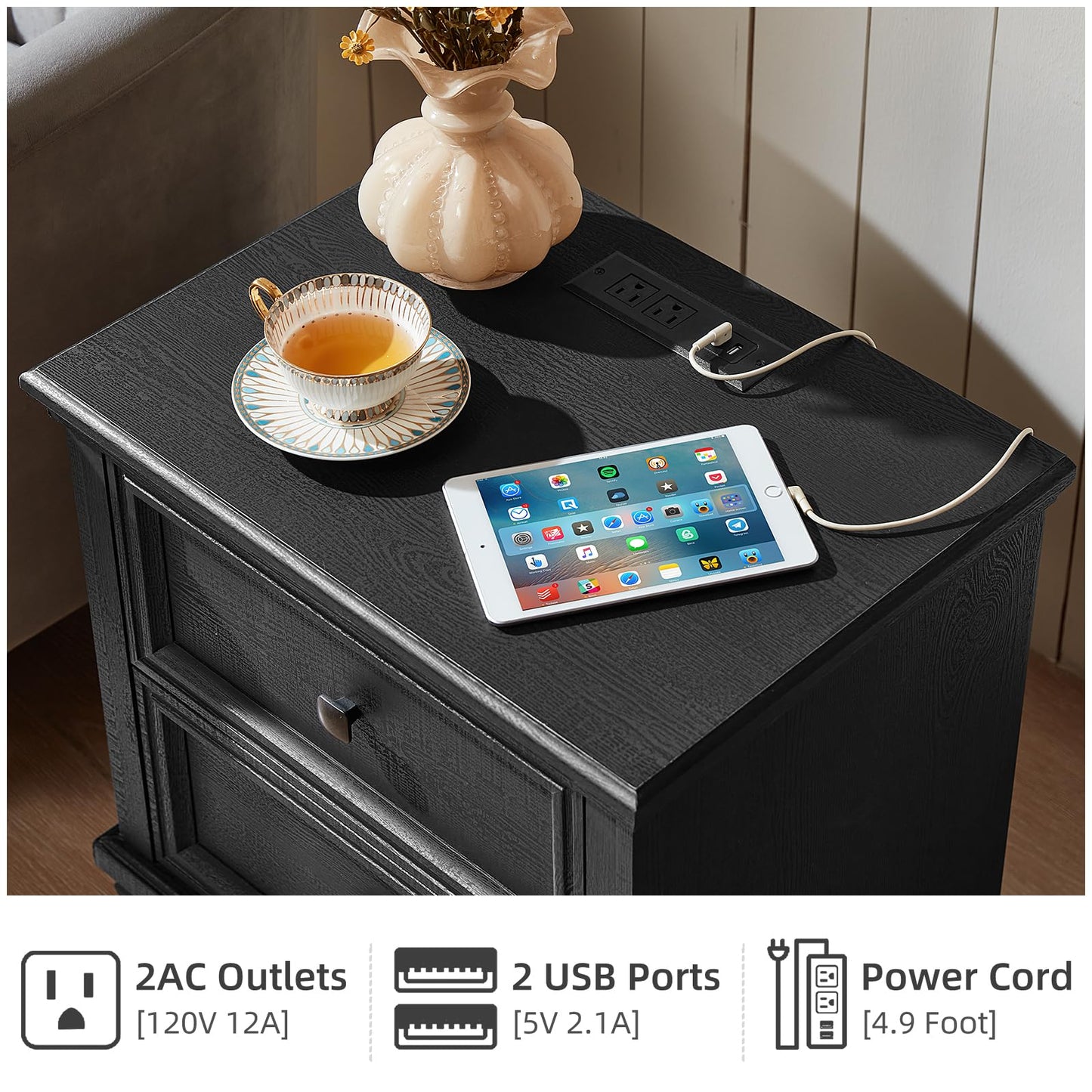 SAVOR LIFE Farmhouse Nightstand with Charging Station, Rustic Low Night Stand with 2 Drawers, Mid-Century Modern End Table with 4 Square Solid Wood Legs, Small Dresser for Bedroom, Home, Black