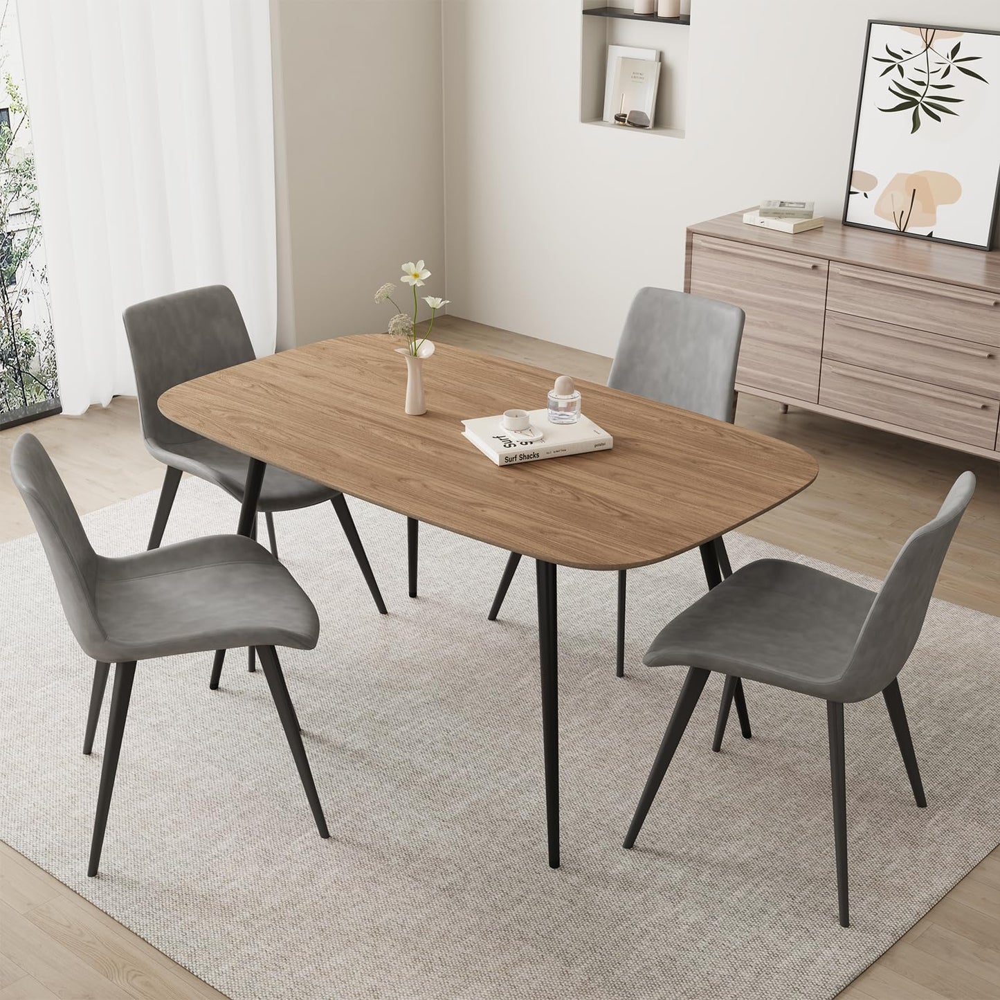 HIPIHOM 47.2'' Dining Table Set for 4,Modern Wood Dining Table,Leather Dining Chairs 4,Table and Chairs Set of 4,Ideal for Kitchen Dining Room (Walnut Color Table + 4 Gray Chairs, 47.2")