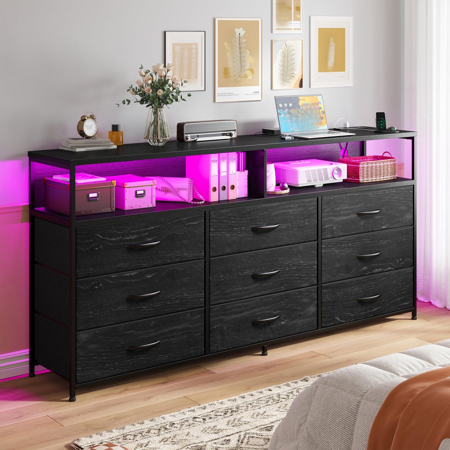 EnHomee 55” W Black Dresser for Bedroom with Charging Station & LED, 65" TV Stand for Bedroom with 9 Fabric Drawers, Sturdy Chest of Drawers with Open Storage Shelves for Closet, Living Room