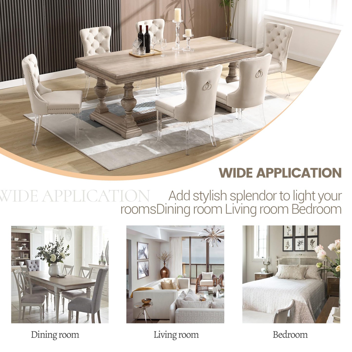 KCC Velvet Dining Chairs Set of 4, Upholstered Tufted Wingback Dining Room Chair with Nailhead Back Ring Pull Trim Solid Acrylic Legs, Contemporary Nikki Collection Style for Kitchen, Beige